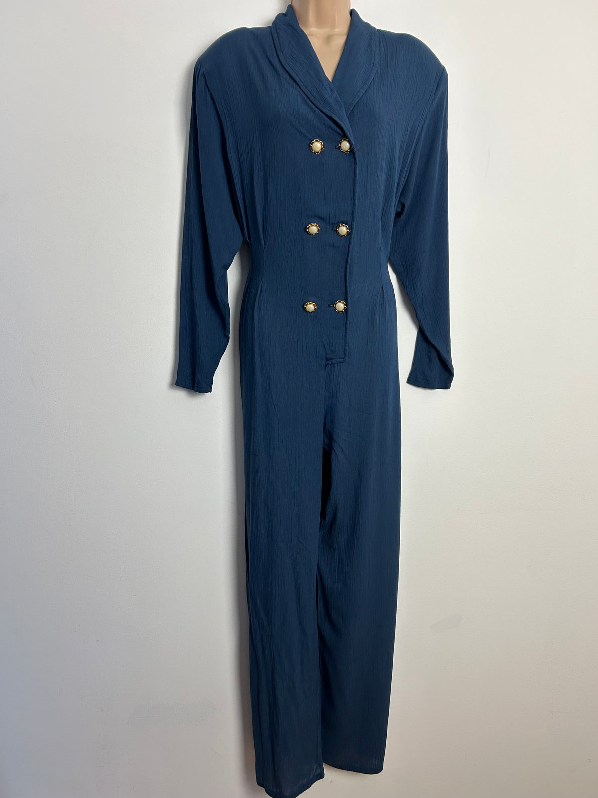 Vintage 1980s UK Size 14 Dark Midnight Blue Crinkle Fabric Double Breasted Long Sleeve Jumpsuit