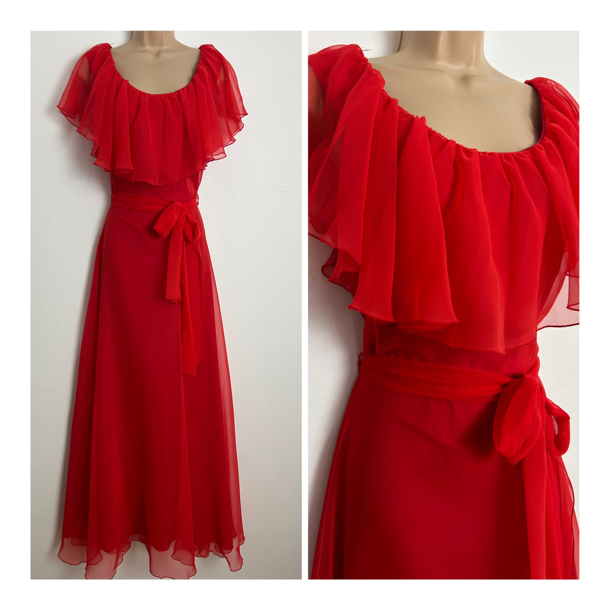 Vintage 1970s VERA MONT PARIS Size 8 Red Cape Sleeve Belted Occasion Maxi Dress