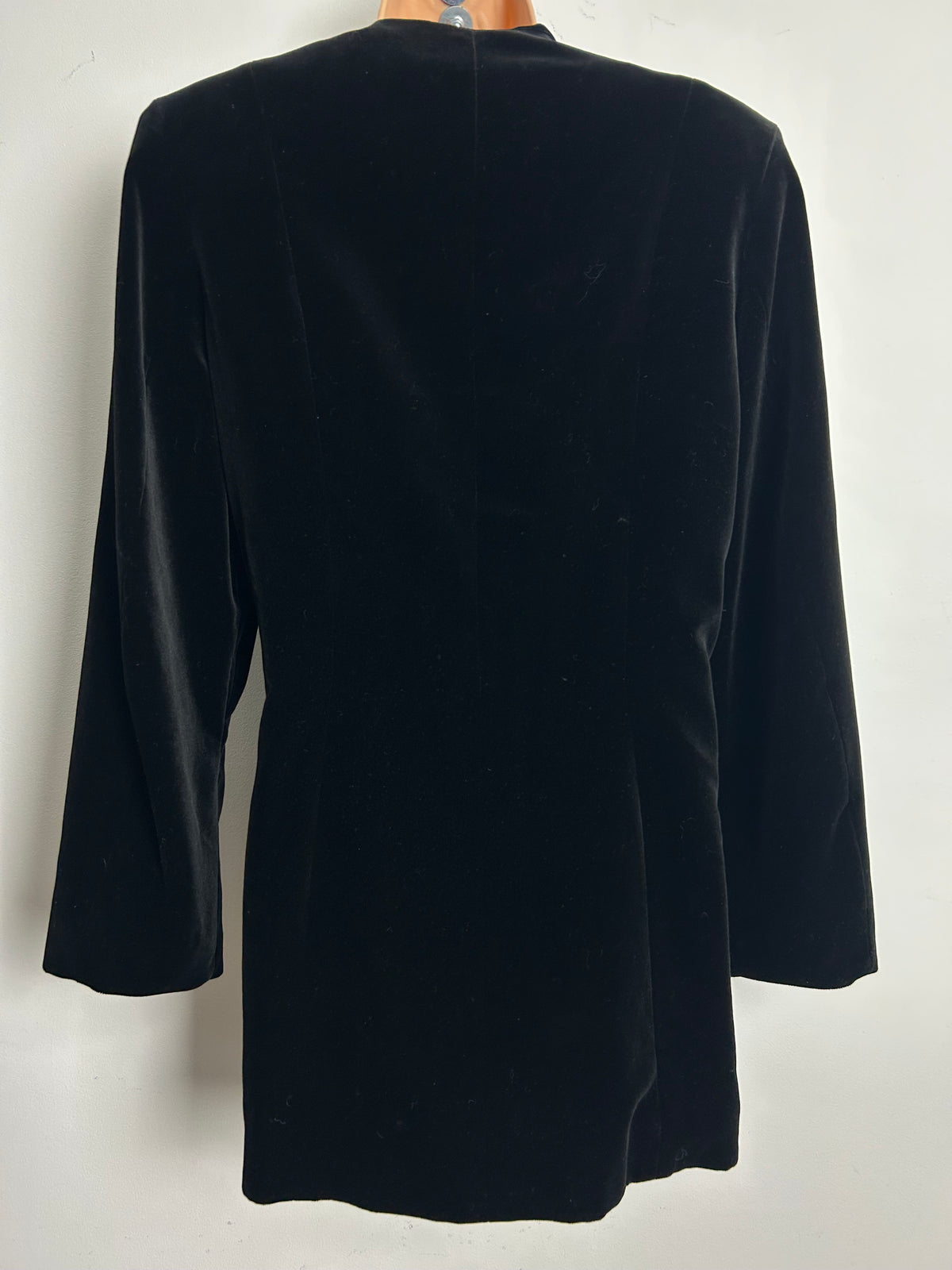 Vintage 1980s Size 14 Black Velvet Gold Button Detail Collarless Blazer
