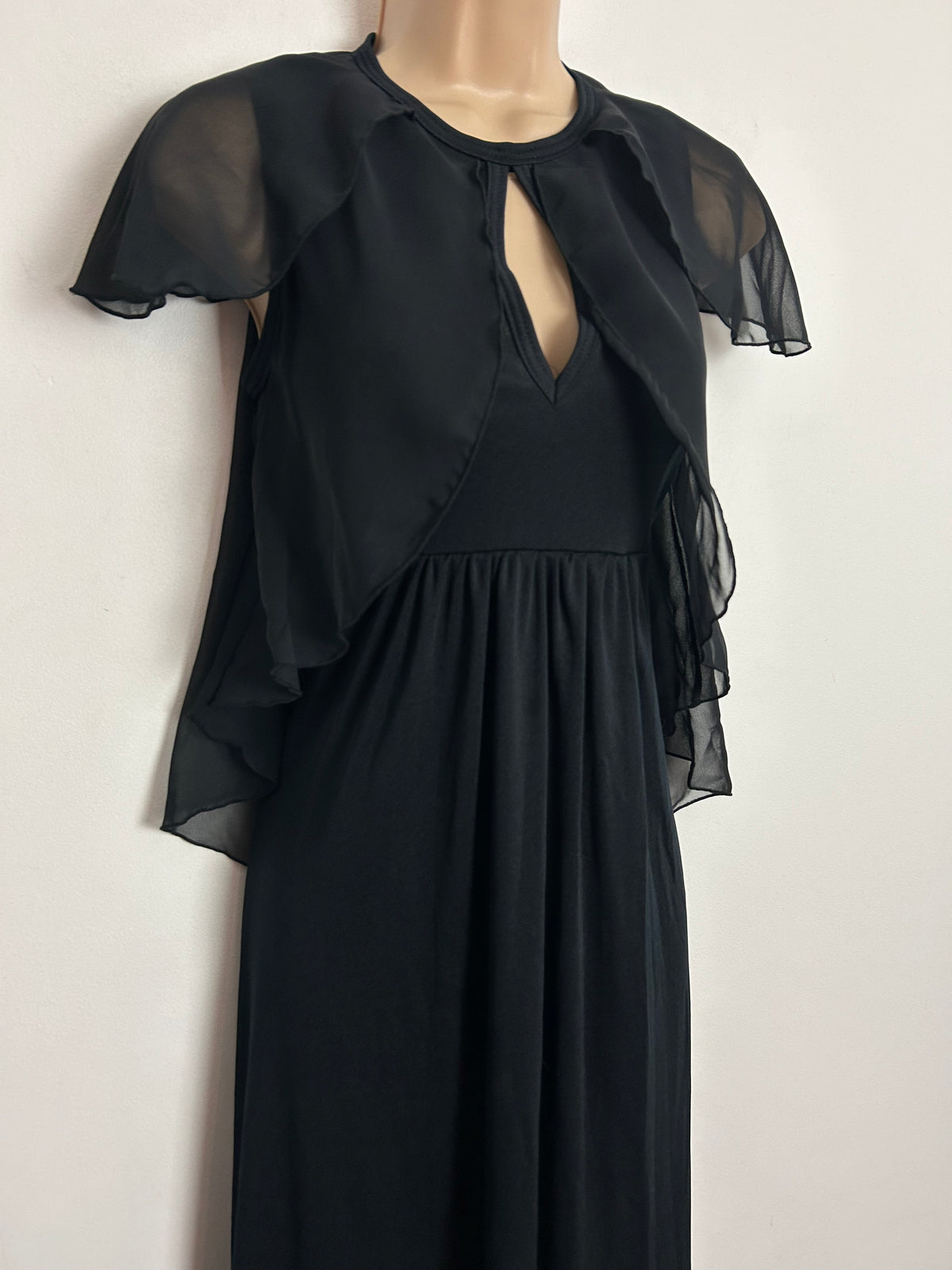 Vintage 1970s MR DARREN UK Size 6-8 Black Chiffon Overlay & Petal Sleeves Maxi Dress