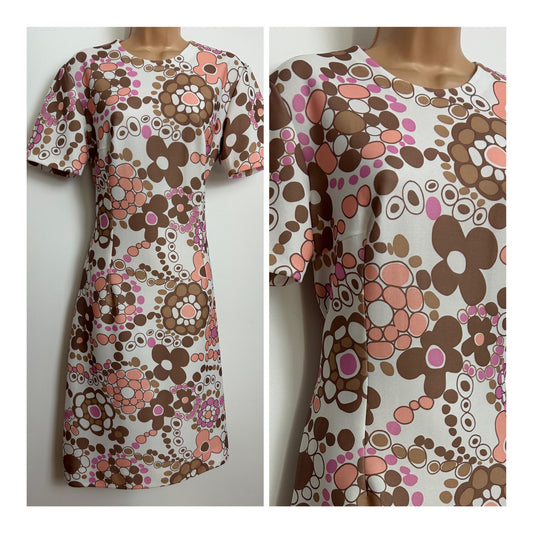 Vintage 1960s Size 10-12 White Brown Pink & Coral Floral & Spot Print Mod Shift Dress