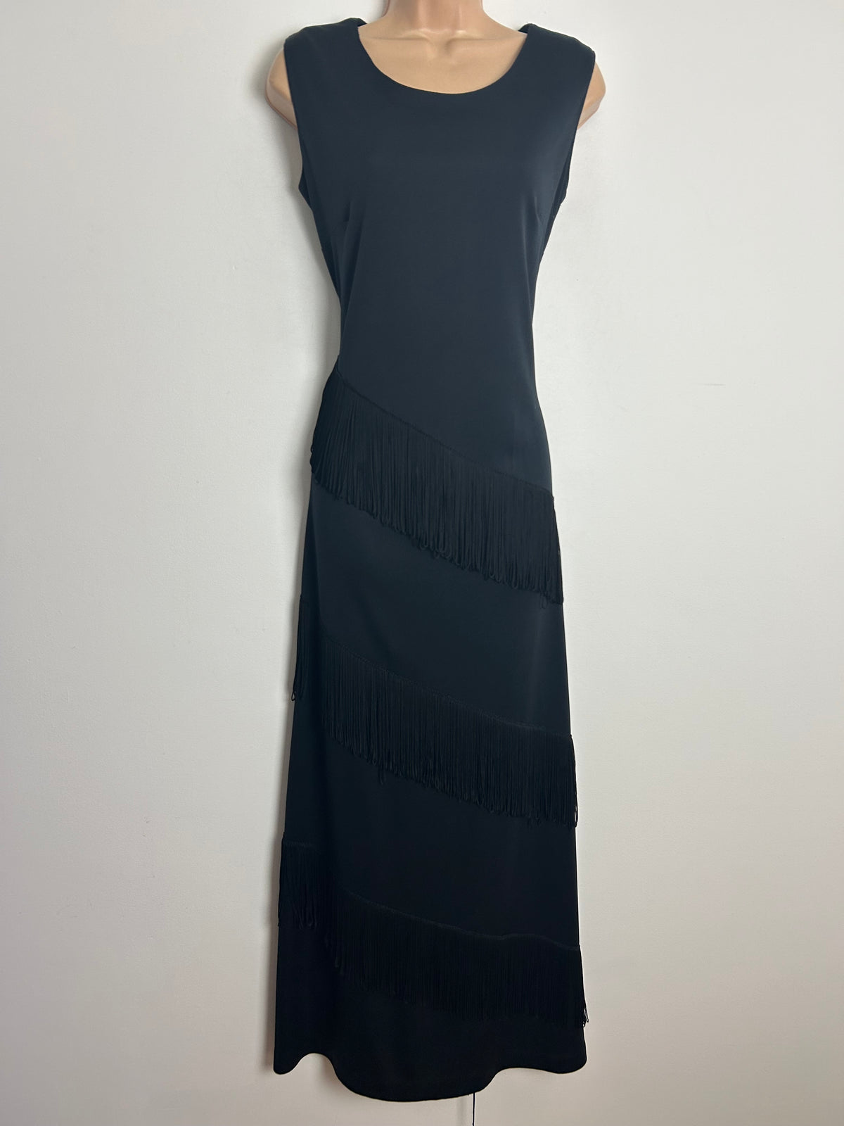 Vintage 1970s Size 12 Black Sleeveless Fringe Tassel Detail Evening Occasion Maxi Dress