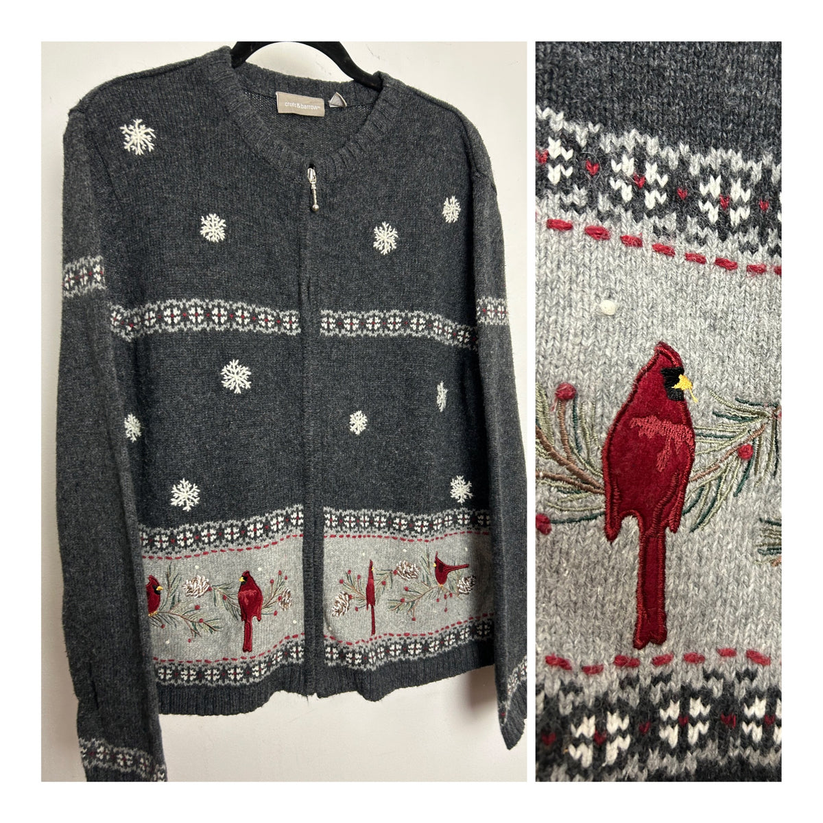Vintage 1990s CROFT & BARROW Size 14-16 Dark Grey Snowflake & Bird Pattern Zip Up Ramie Mix Cardigan