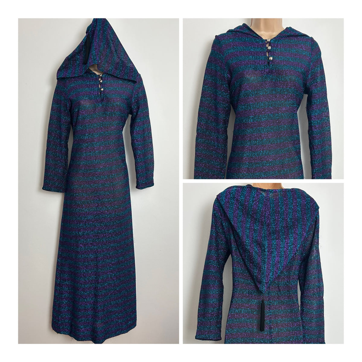 Vintage 1970s Size 6-8 Dark Turquoise & Purple Stripe Print Lurex Shimmery Hooded Occasion Maxi Dress