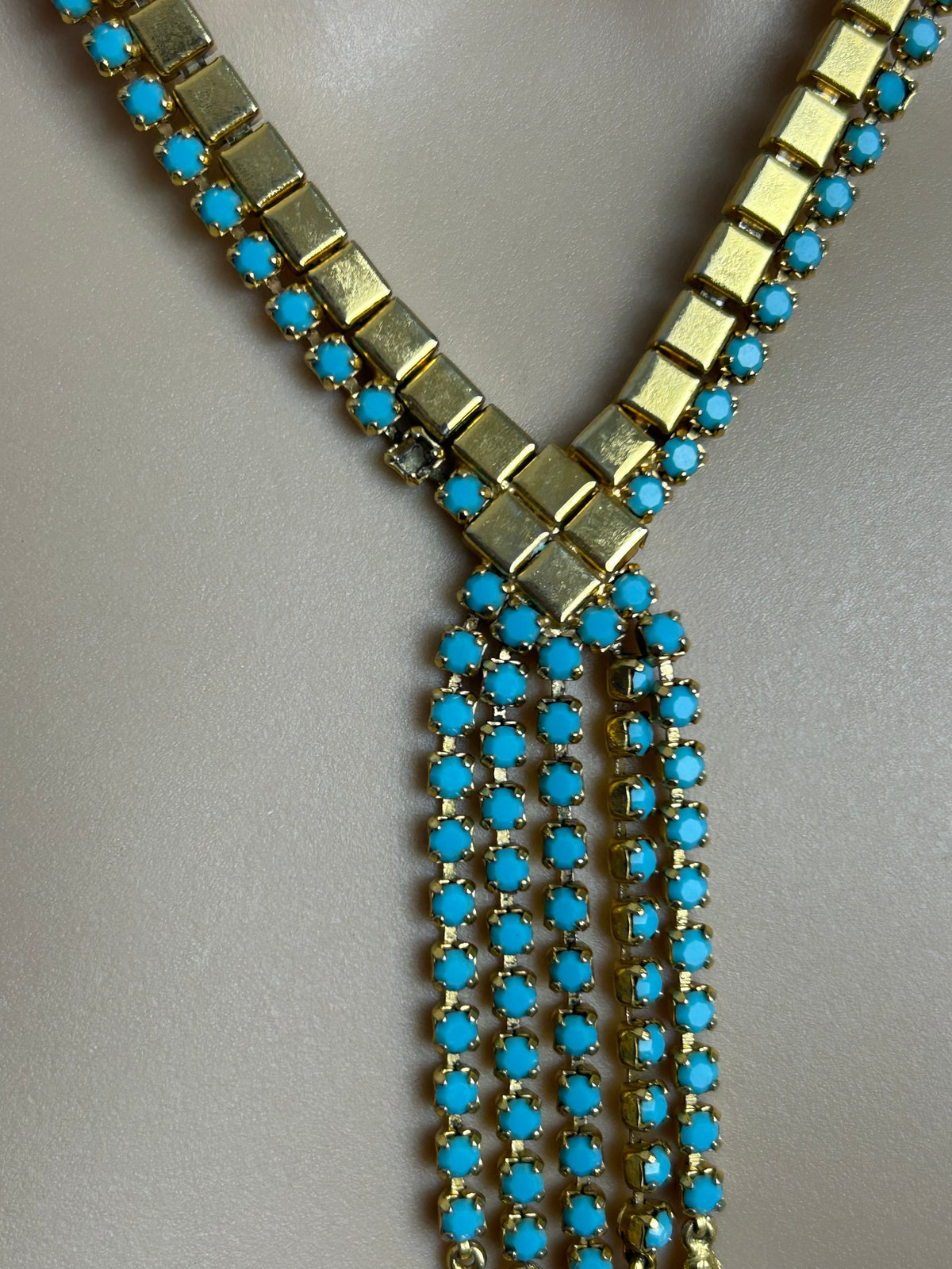 Vintage 1960s Beautiful Gold Tone Turquoise Bead Five Strand Necklace