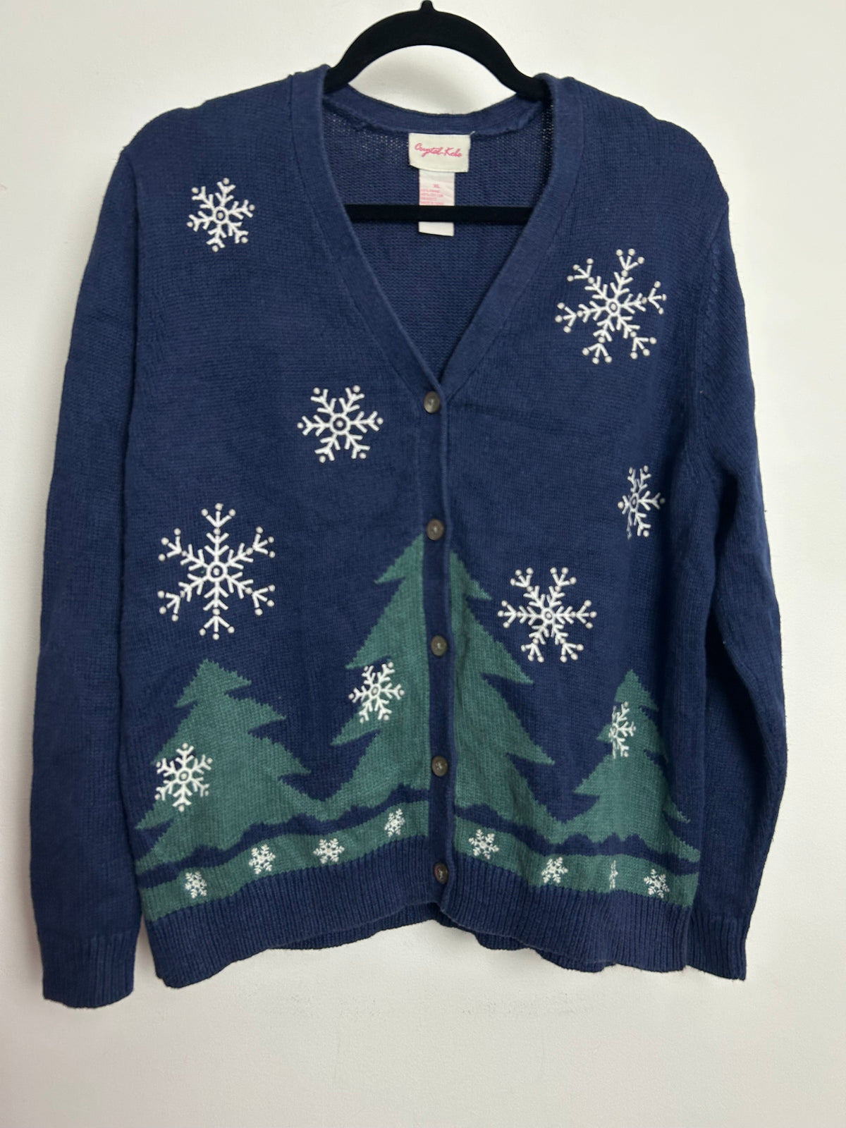 Vintage 1990s CRYSTAL KOBE Navy Winter Xmas Tree Christmas Cardigan Up To Size 16-18