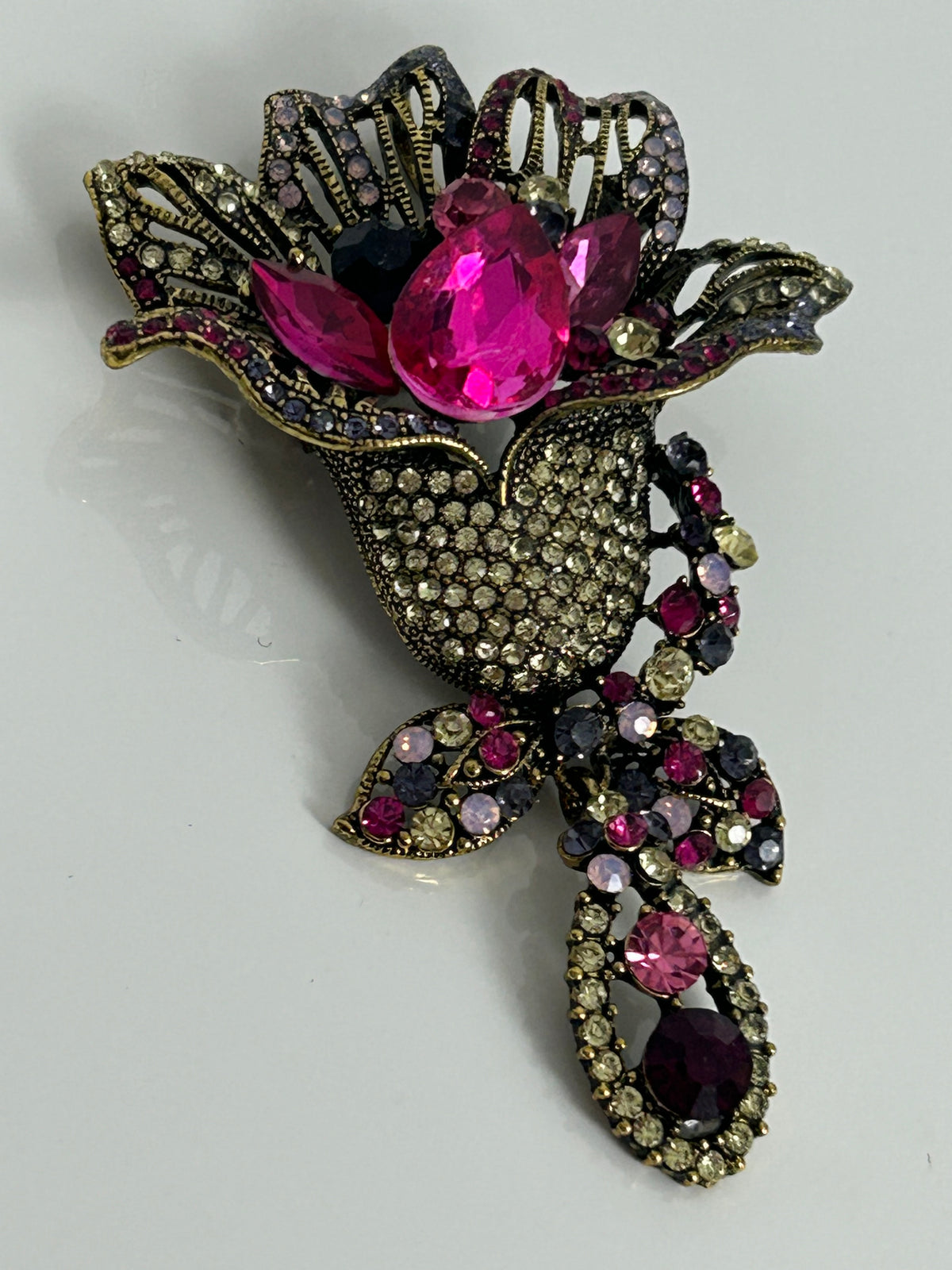 Vintage Large Dark Gold Pink & Clear Diamante & Jewel Set Flower Brooch Or Pendant