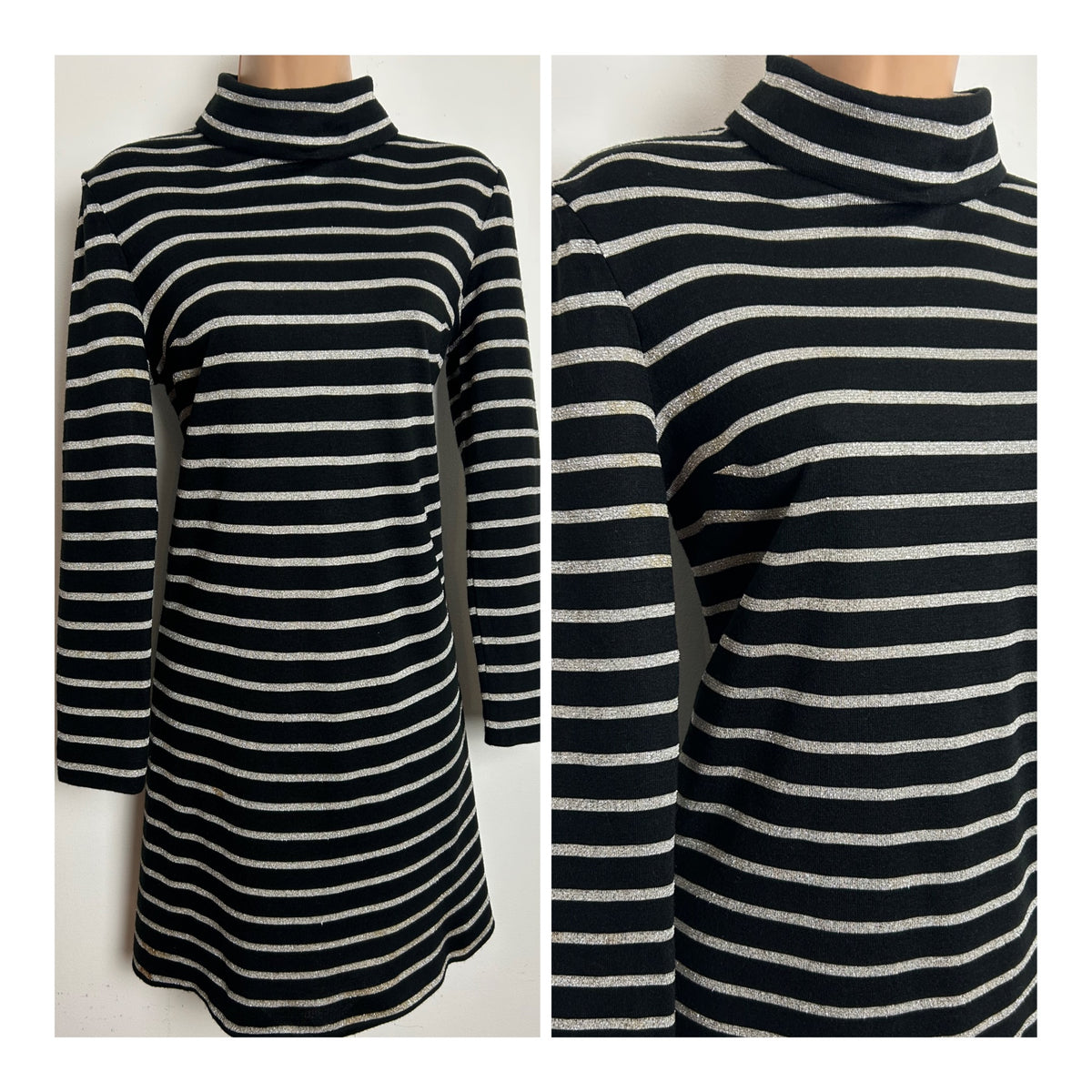 Vintage 1970s JOHN MARKS Size 12-14 Black & Silver Lurex Stripe Long Sleeve Shift Dress
