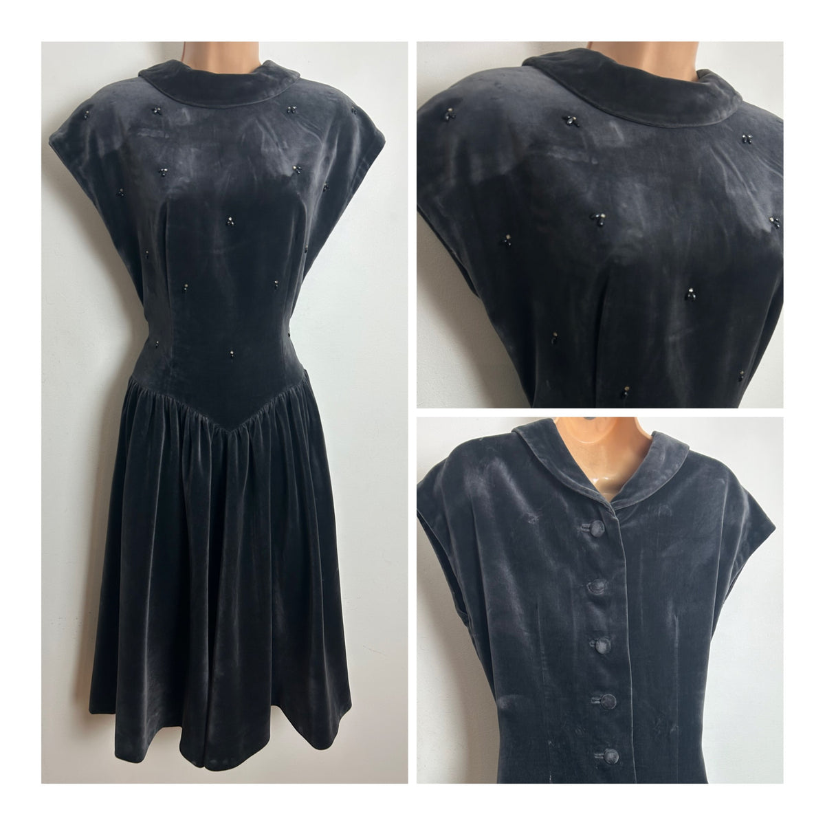 Vintage Late 1950s Size 10-12 Dark Grey Velvet Bead & Diamante Embellished Button Back Dress