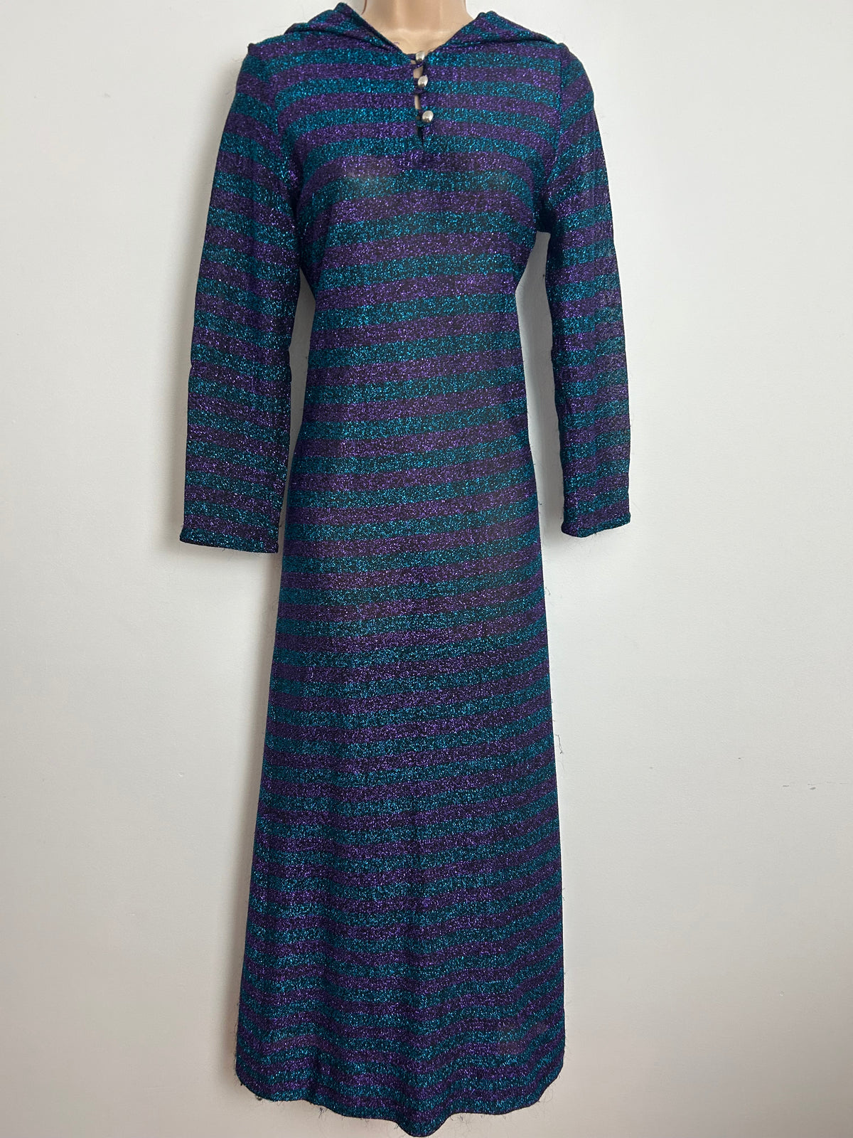Vintage 1970s Size 6-8 Dark Turquoise & Purple Stripe Print Lurex Shimmery Hooded Occasion Maxi Dress