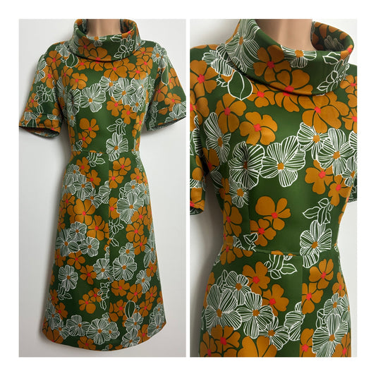 Vintage 1960s Size 12 Green & Burnt Orange Floral Print Short Sleeve Cowl Collar Mod Dress