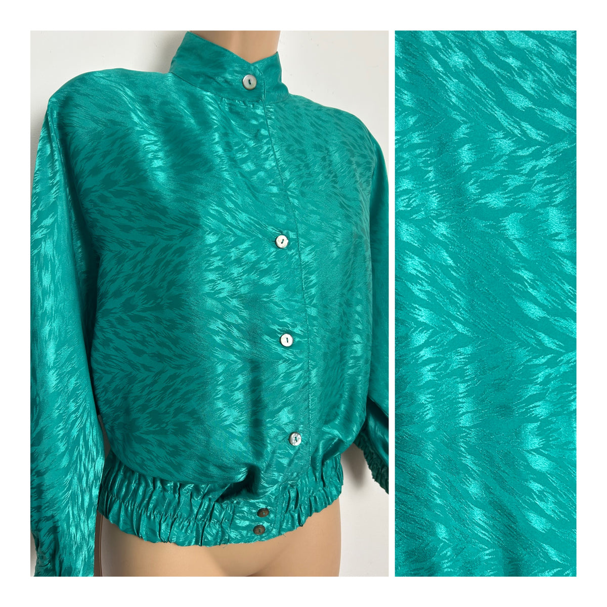 Vintage 1980s MARCO PECCI Size 14-16 Jade Green Animal Print Patterned Bat Wing Blouse