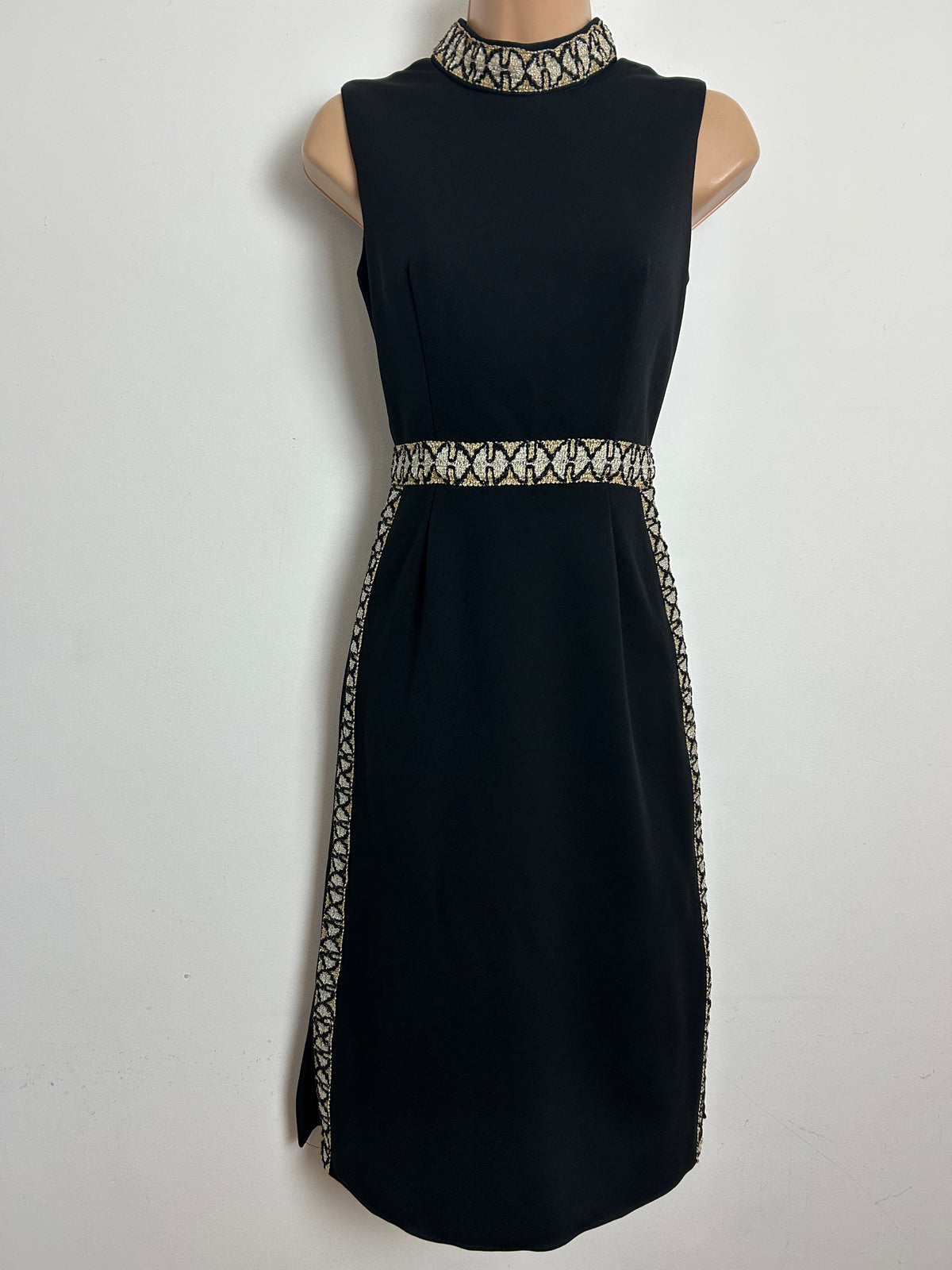 Vintage 1960s RONDA ROY Size 6 Black Evening Mod Dress With Silver & Gold Braid Trim Detail