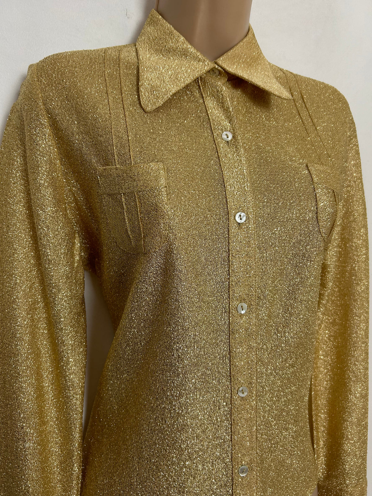 Vintage 1970s UK Size 10-12 Gold Lurex Pocket Detail Long Sleeve Party Shirt