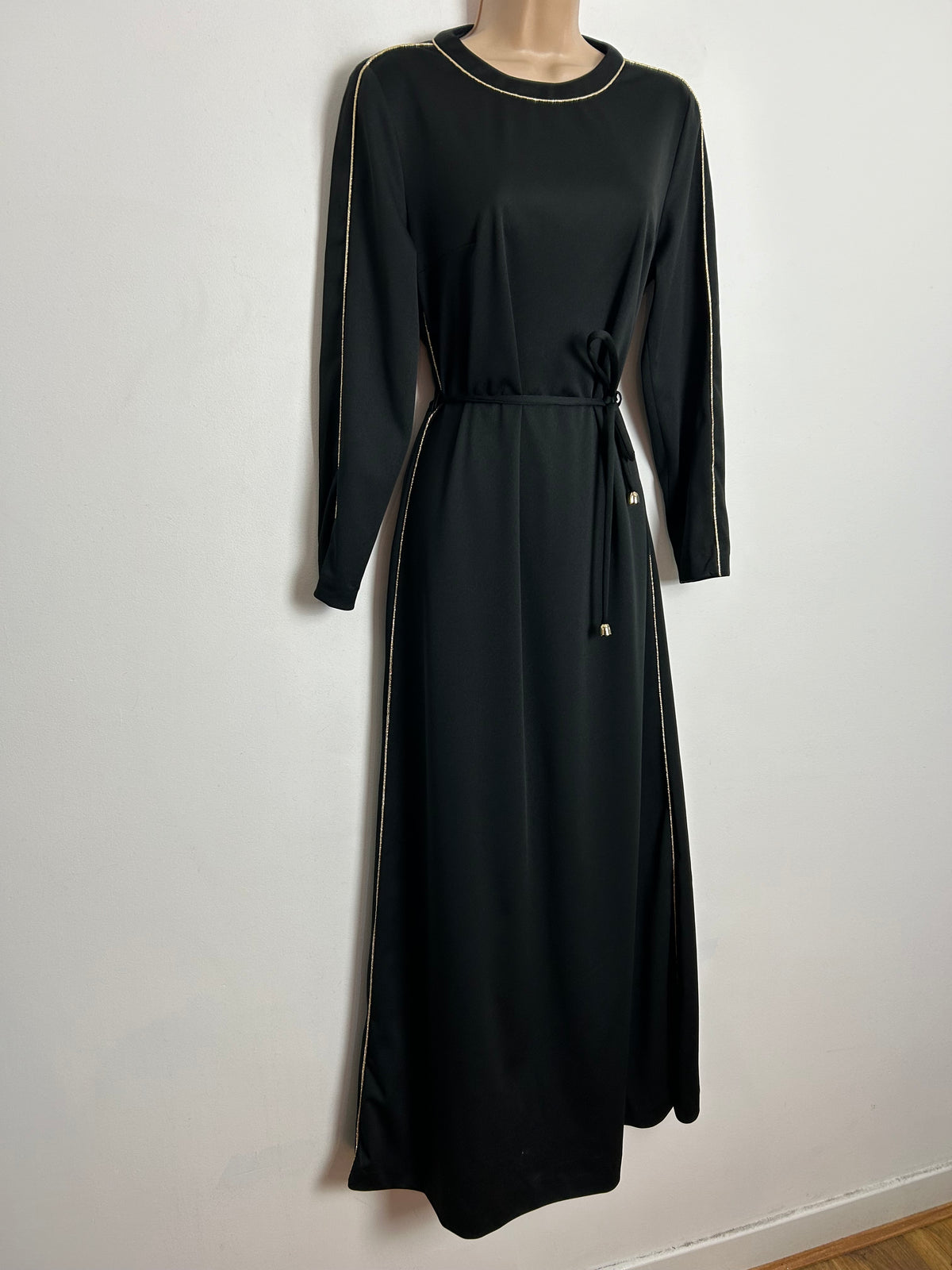 Vintage 1970s UK Size 10-12 Black & Metallic Gold Piping Trim Long Sleeve Belted Maxi Dress