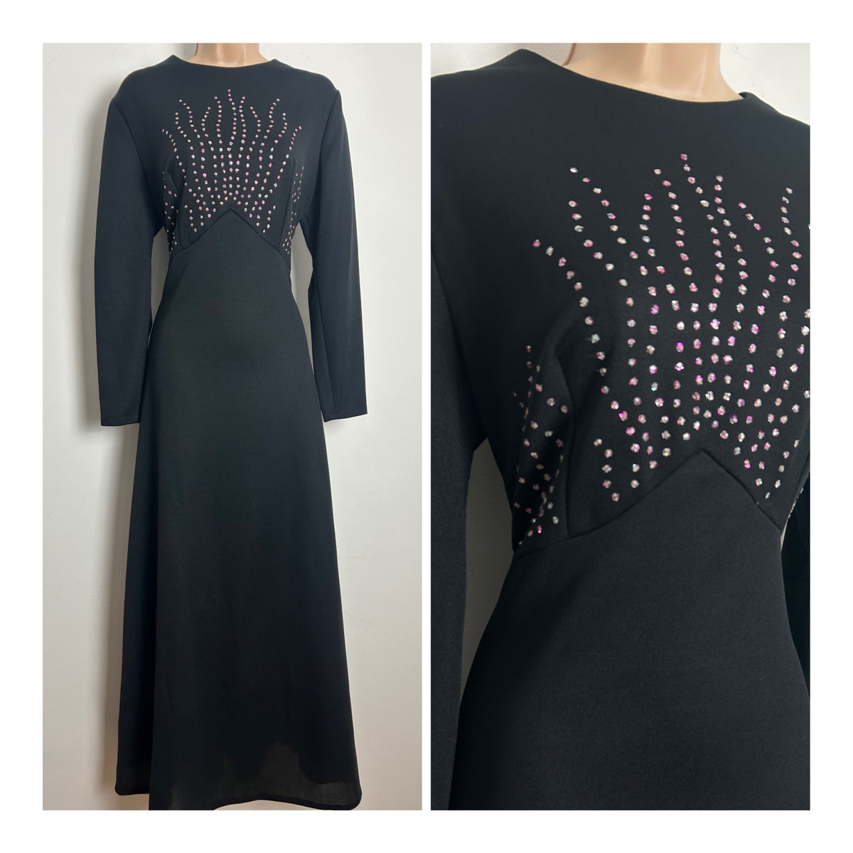 Vintage 1970s BELLE OF MY HEART Size 12 Black Glitter Detail Occasion Evening Maxi Dress