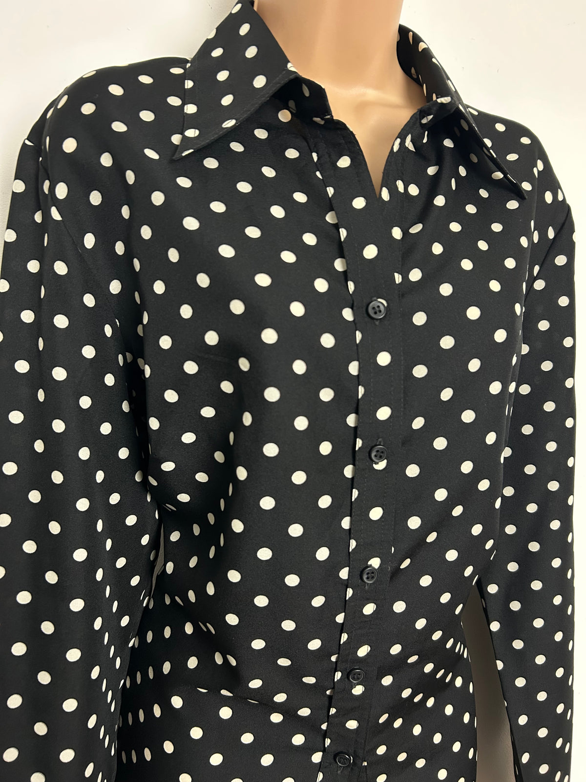 Vintage Early 1980s MARIANNE PARIS Size 16 Black & White Polka Dot Shirt