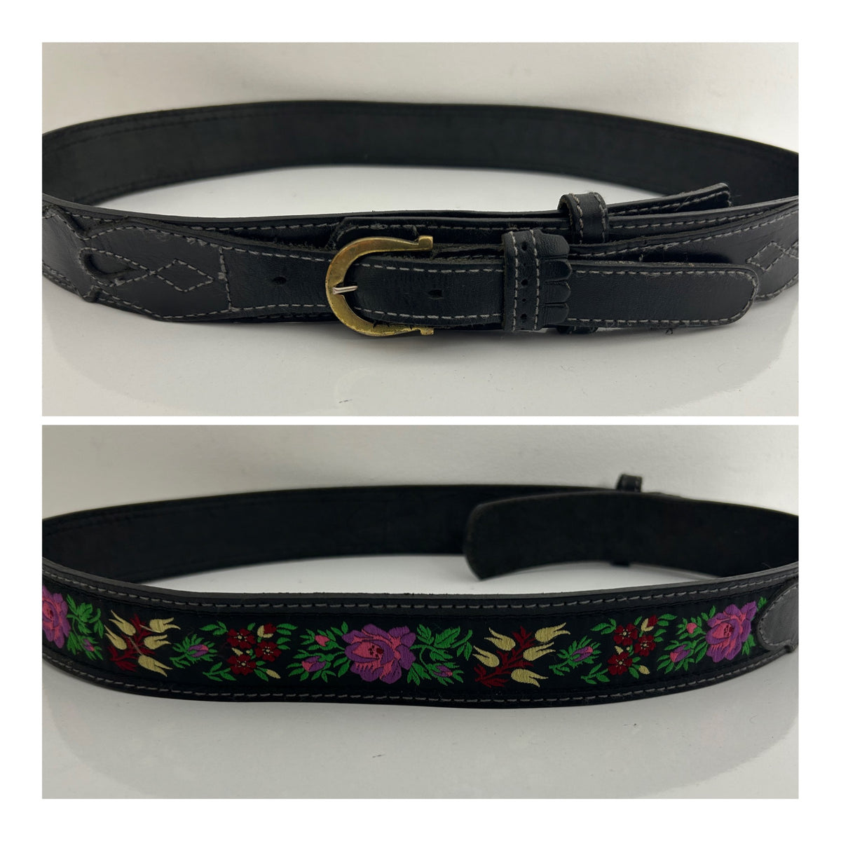 Vintage 1980s Black Leather & Floral Embroidered Detail Western Style Belt
