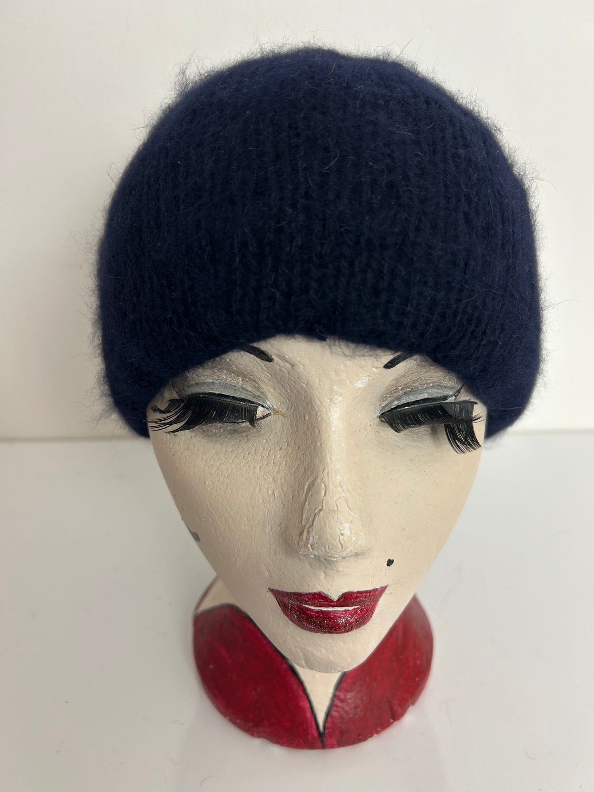 Vintage Navy Blue Angora Mix Chunky Knit Beret/Beanie Style Hat