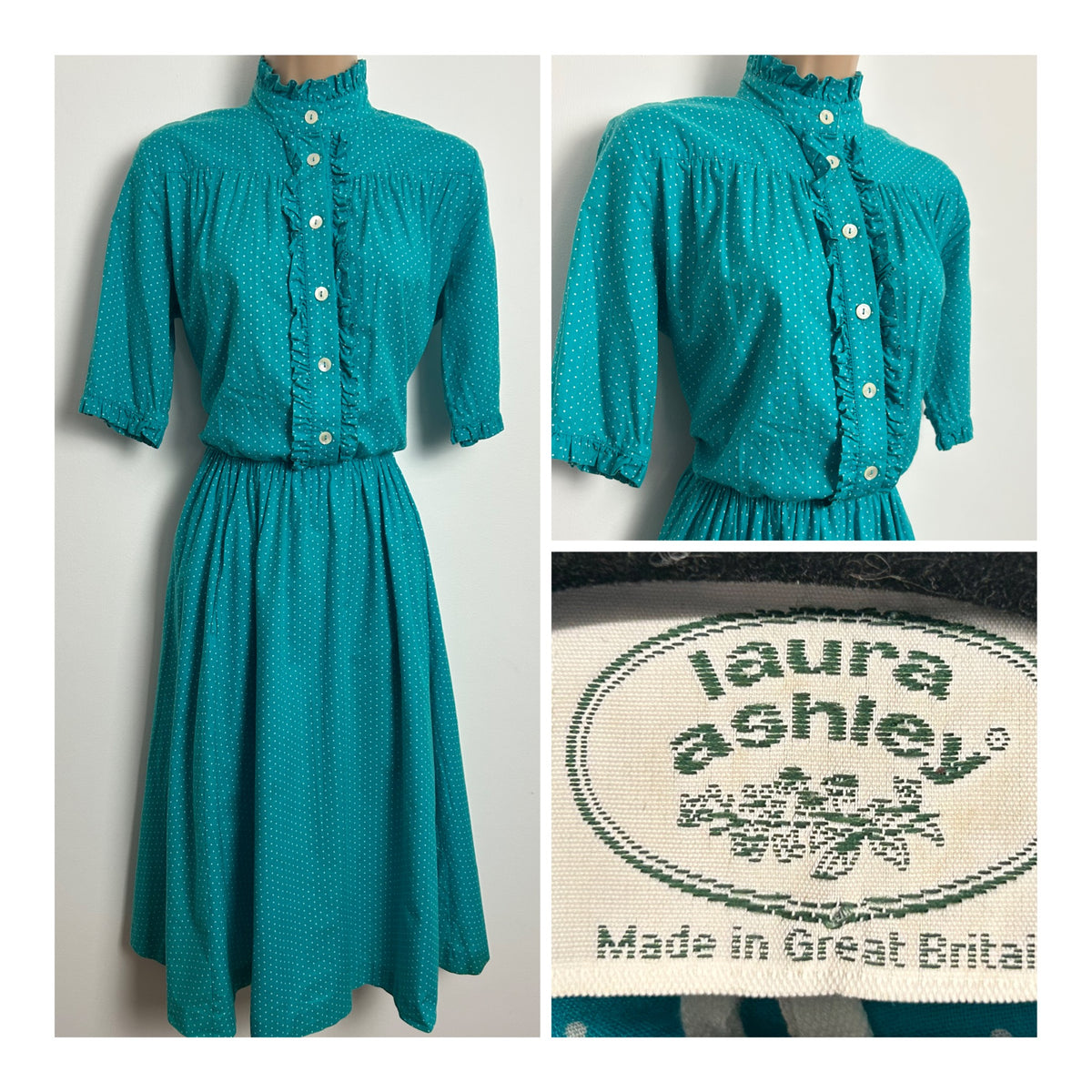 Vintage 1980s LAURA ASHLEY Size 10 Dark Turquoise & White Polka Dot Cotton Tea Dress