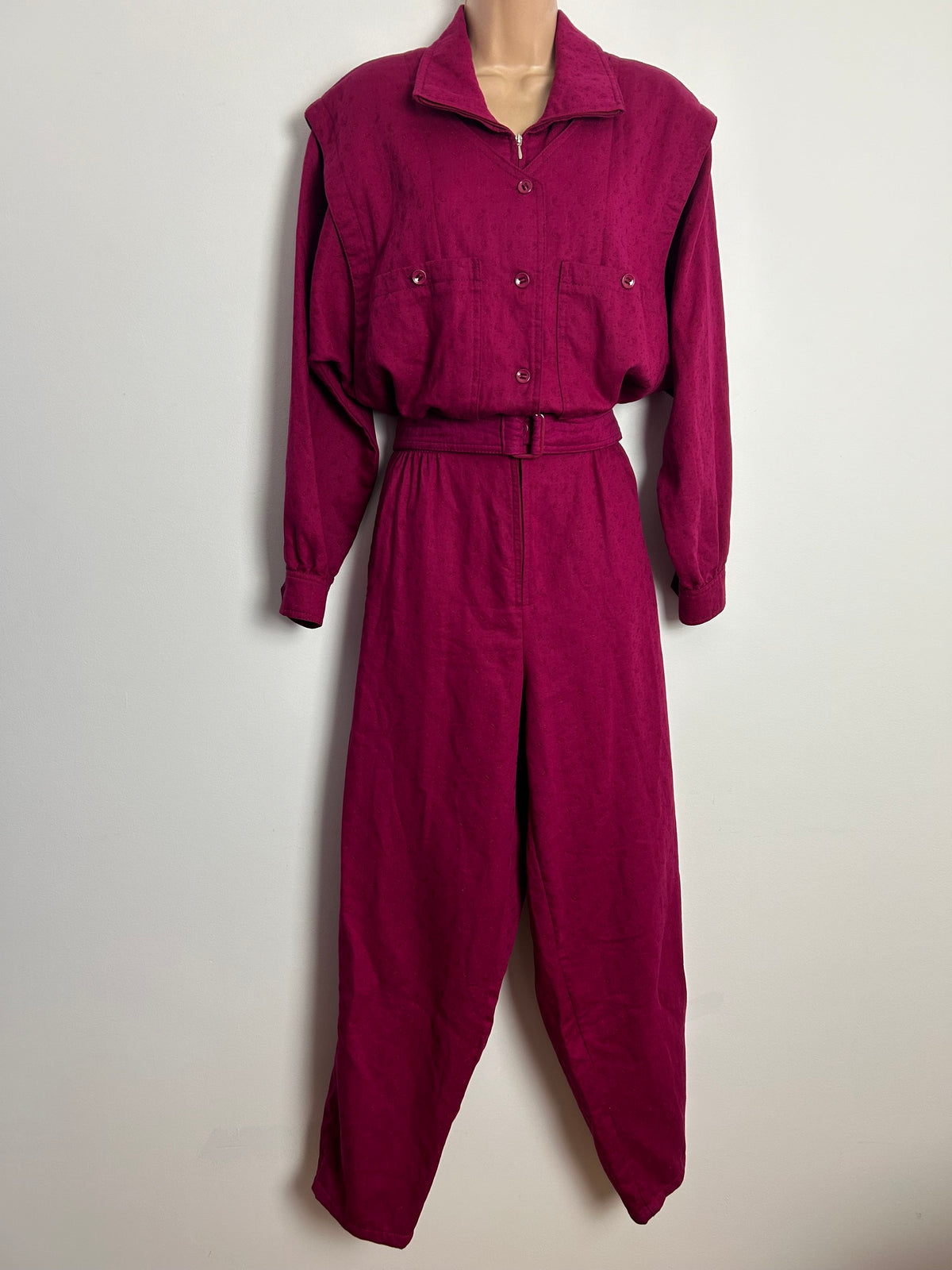 Vintage 1980s UK Size 10-12 Magenta Pink Cotton Long Sleeve Belted Jumpsuit