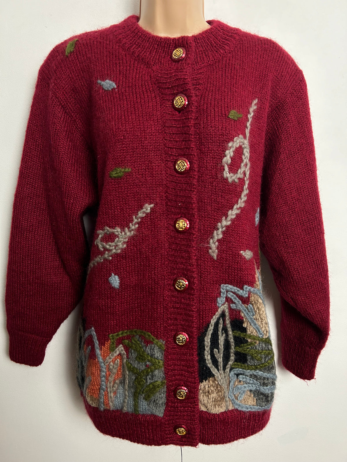 Vintage 1980s Up To Size 16 Dark Red & Grey Wool Embroidered Leaf Pattern Chunky Cardigan