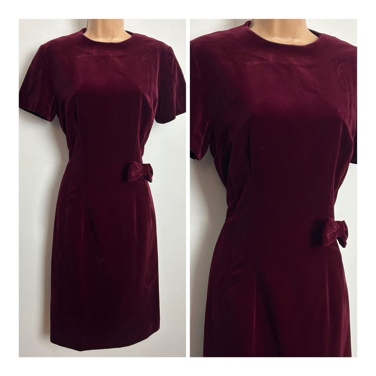 Vintage 1960s Size 8-10 Burgundy Velvet Bow Detail Fitted Christmas Day Dress
