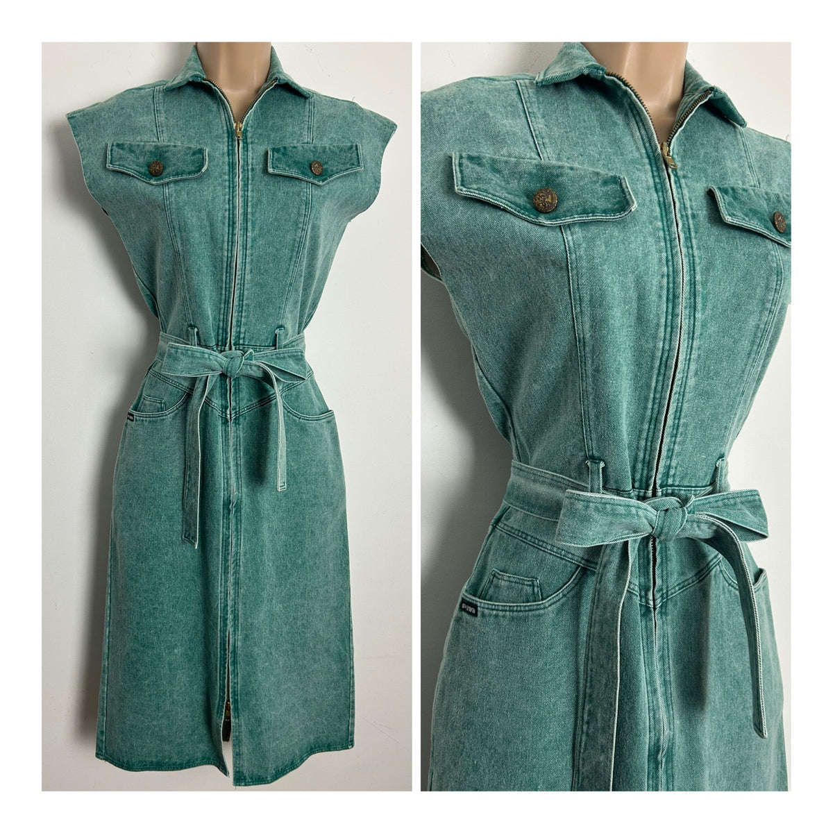 Vintage 1980s Size 8 Fab Green Denim Sleeveless Zip Fronted Belted Day Dress
