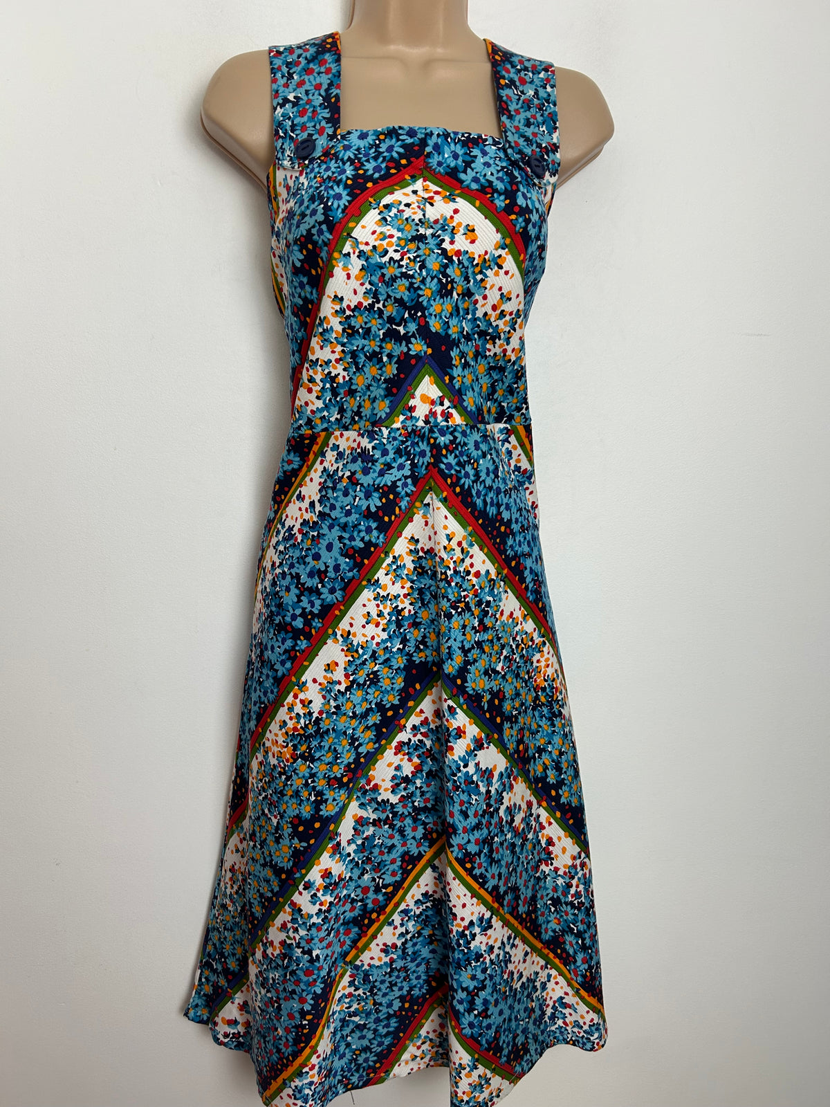 Vintage 1970s SOLIDA Size 12 Blue White Orange Red Floral & Stripe Print Cotton Summer Day Dress
