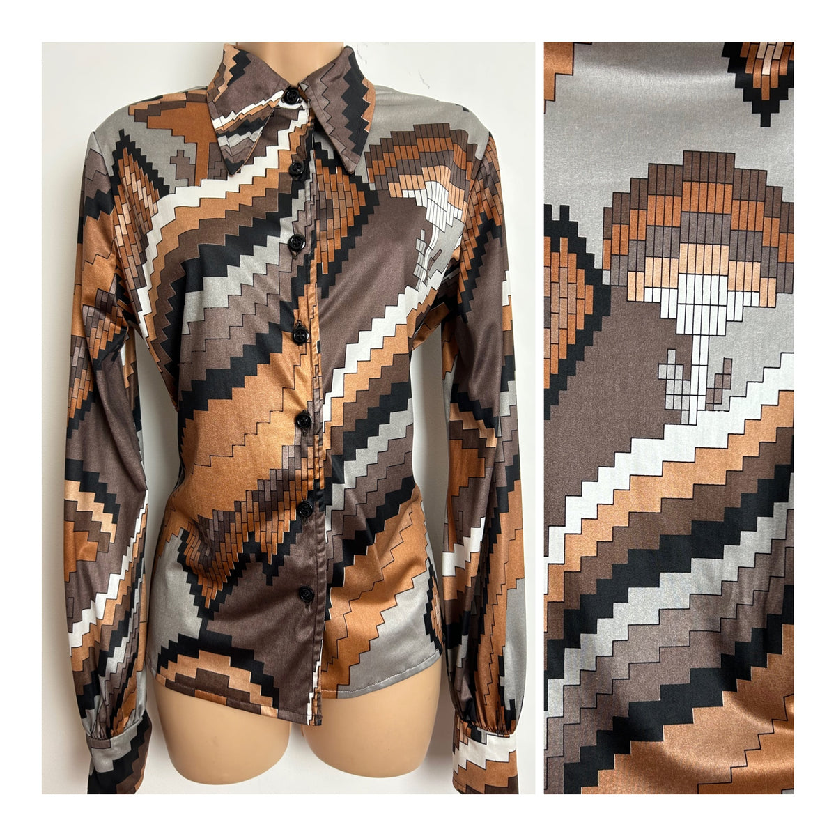 Vintage 1970s VILEDA Size 14 Brown & Grey Tones Geo Print Dagger Collar Long Sleeve Shirt