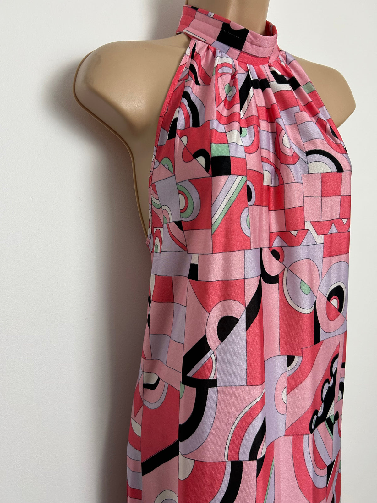 Vintage 1970s Size 8-10 Pink Tones Psychedelic Geo Print Halter Neck Trapeze Style Maxi Dress