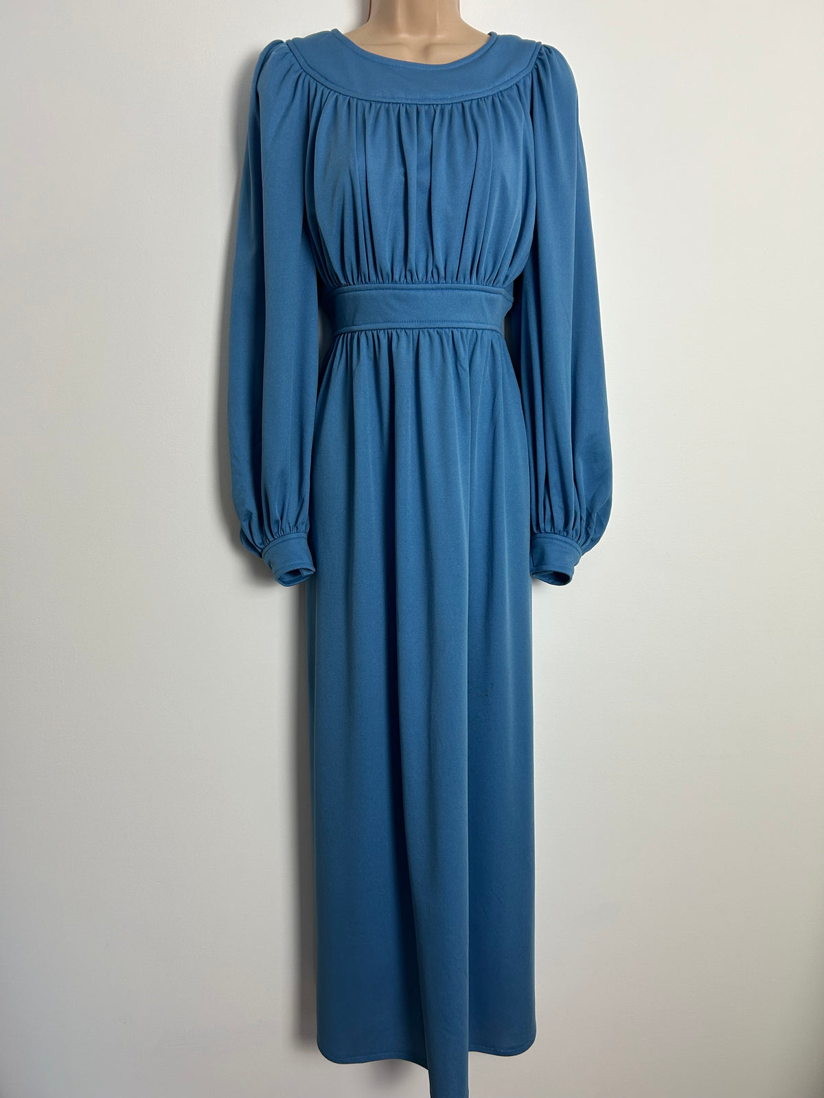 Vintage Late 1970s AFTER SIX BY RONALD JOYCE UK Size 10-12 Powder Blue Long Sleeve Gather Pleated Maxi Dress