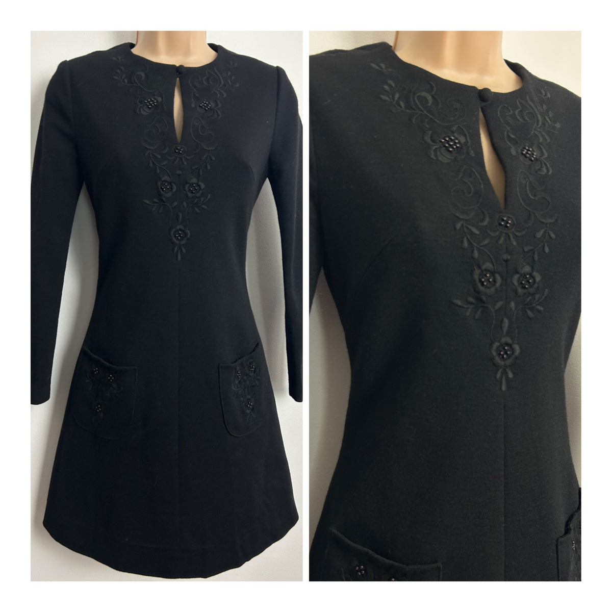 Vintage 1960s ALAINE Size 6-8 Black Floral Embroidered & Bead Embellished Pure New Wool Mini Mod Dress