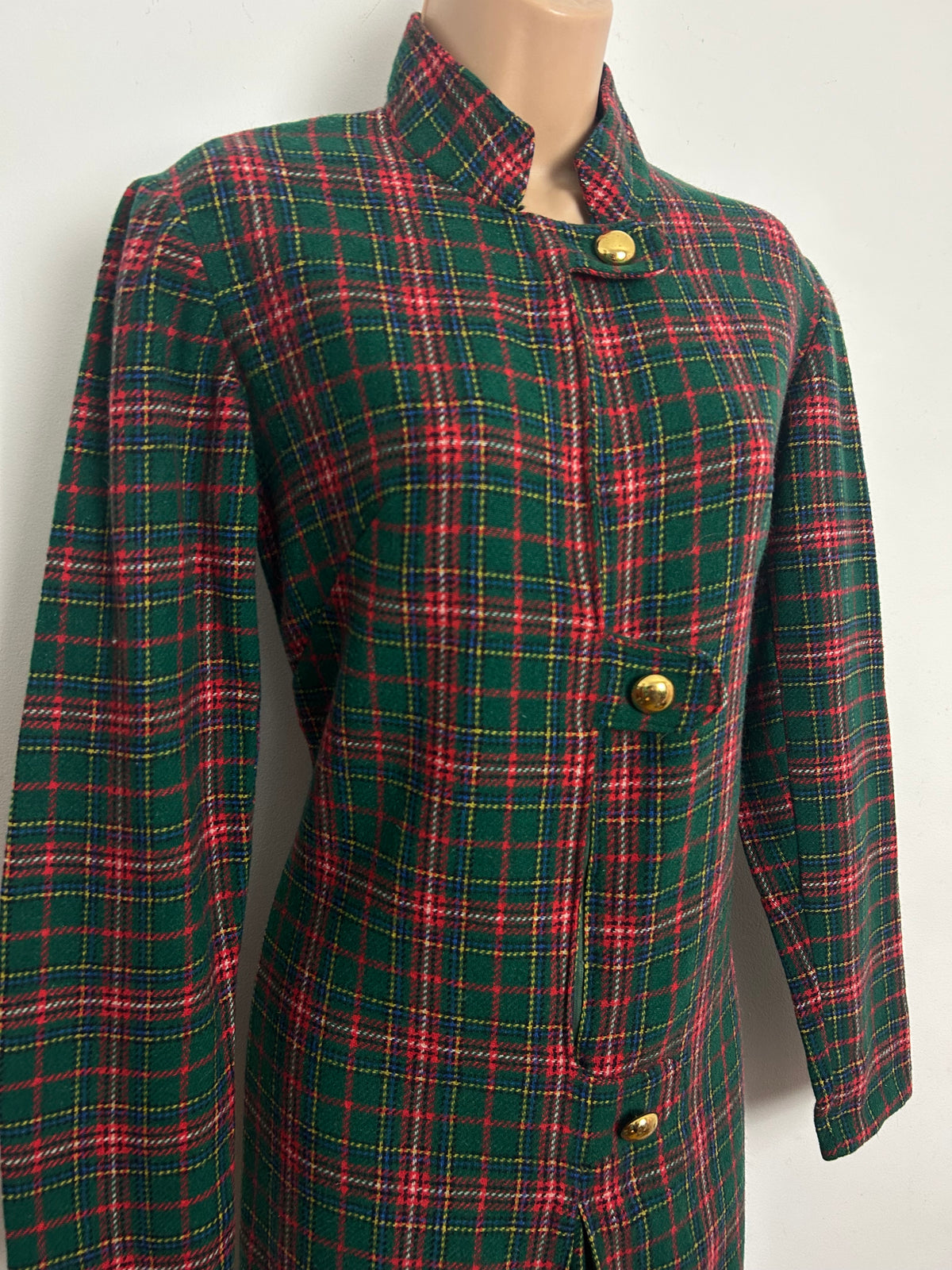 Vintage 1960s Size 10 Green & Red Tartan Check Wool Mod Shift Dress