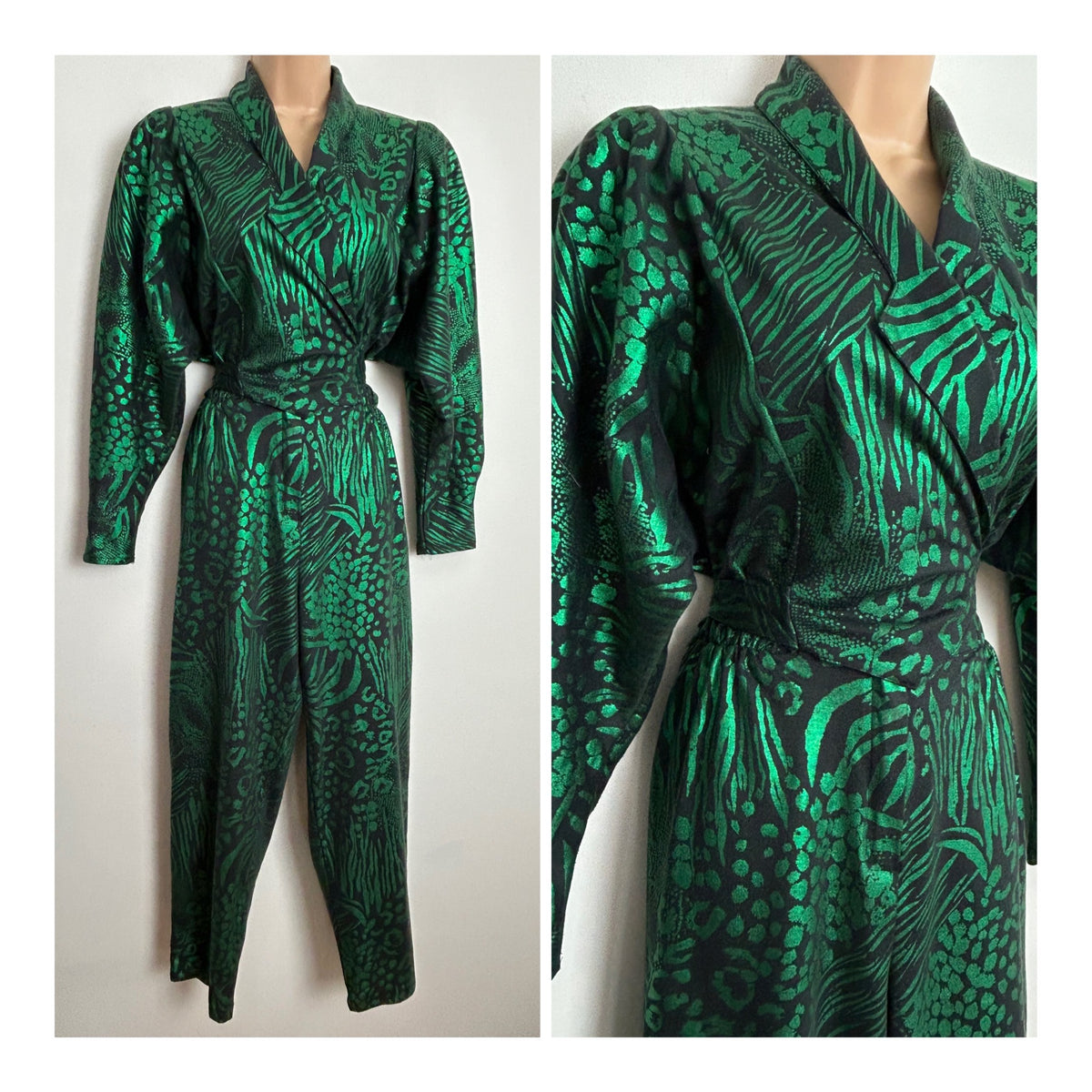 Vintage 1980s Approx UK Size 10-12 Black & Metallic Green Mixed Animal Print Long Sleeve Tie Back Tapered Leg Jumpsuit