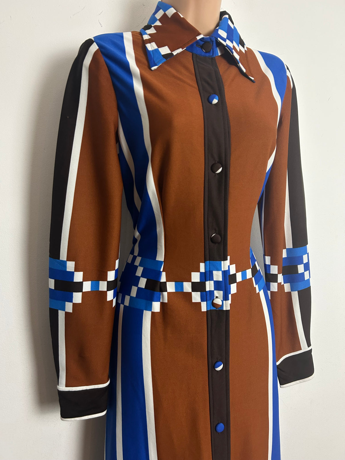 Vintage 1970s TRICOVILLE HANDFASHIONED Size 10 Brown Blue & White Stripe & Geo Print Long Sleeve Maxi Dress