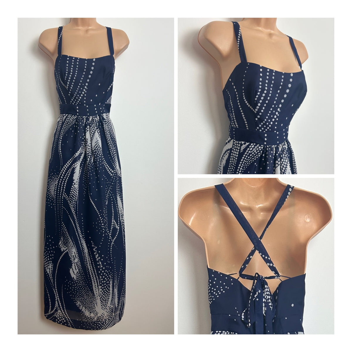 Vintage 1970s Size 6 Navy Blue & White Spotty Print Cross Strap Summer Occasion Maxi Dress