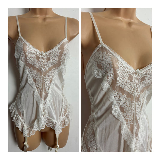 Vintage JANET JAMES Size 8-10 White Lace Camisole Corset Style Slip With Suspenders
