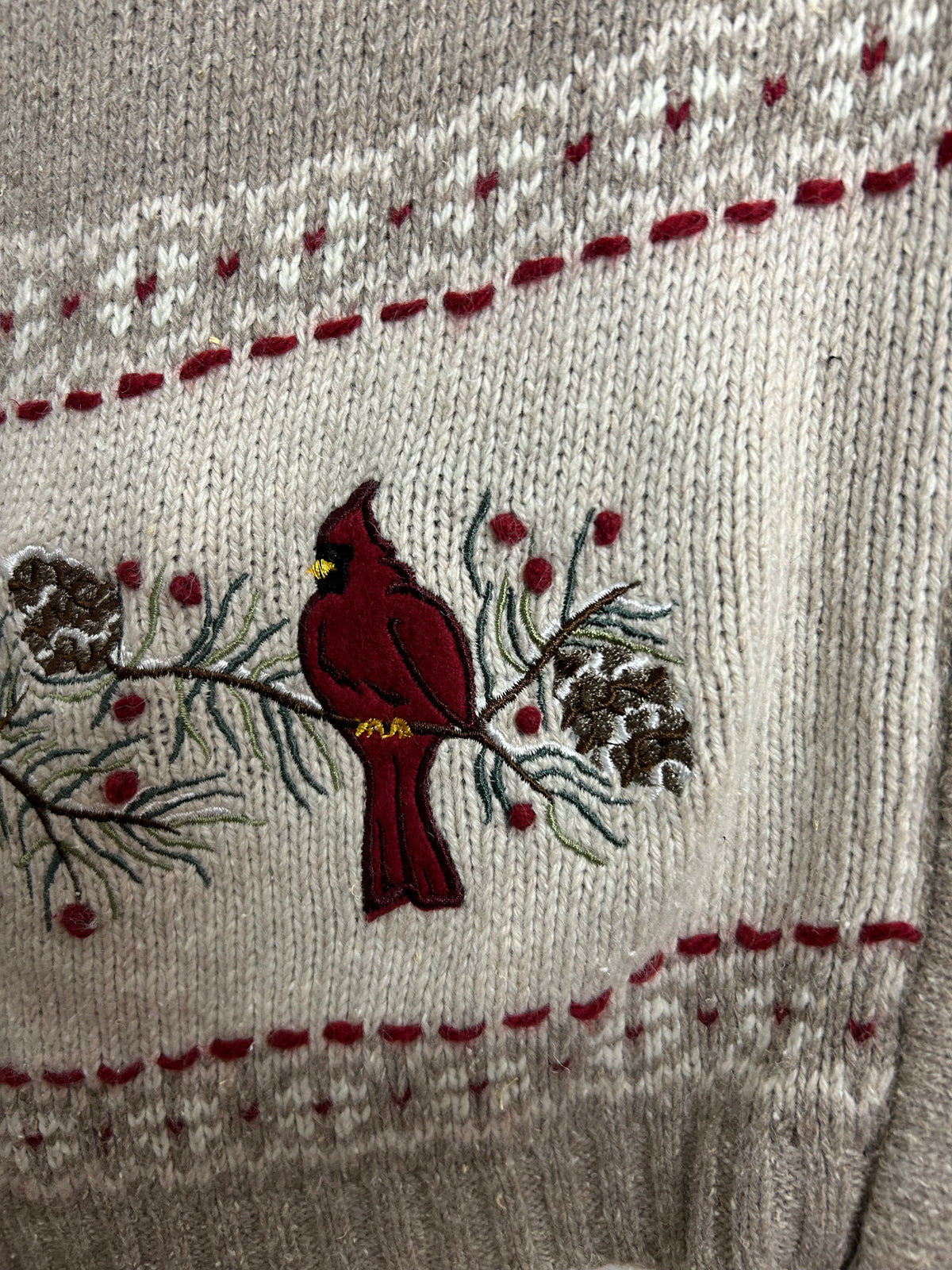 Vintage SOUTHERN LADY Size XL 16 Ramie Mix Beige Tones Bird Pattern Sleeveless Cardigan