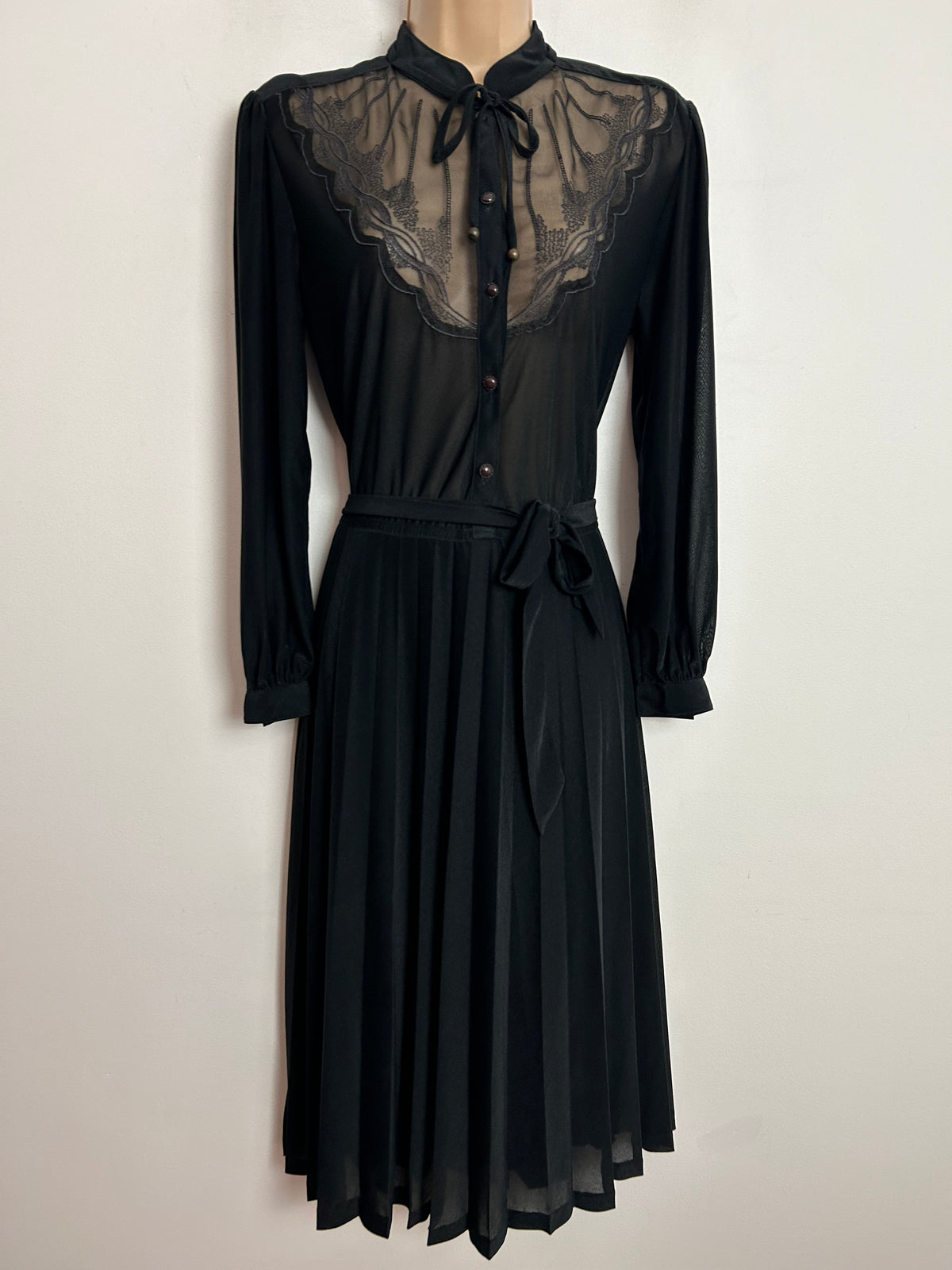 Vintage 1980s GARBO UK Size 12-14 Black Embroidered Semi Sheer Applique Detail Belted Pleated Day Dress