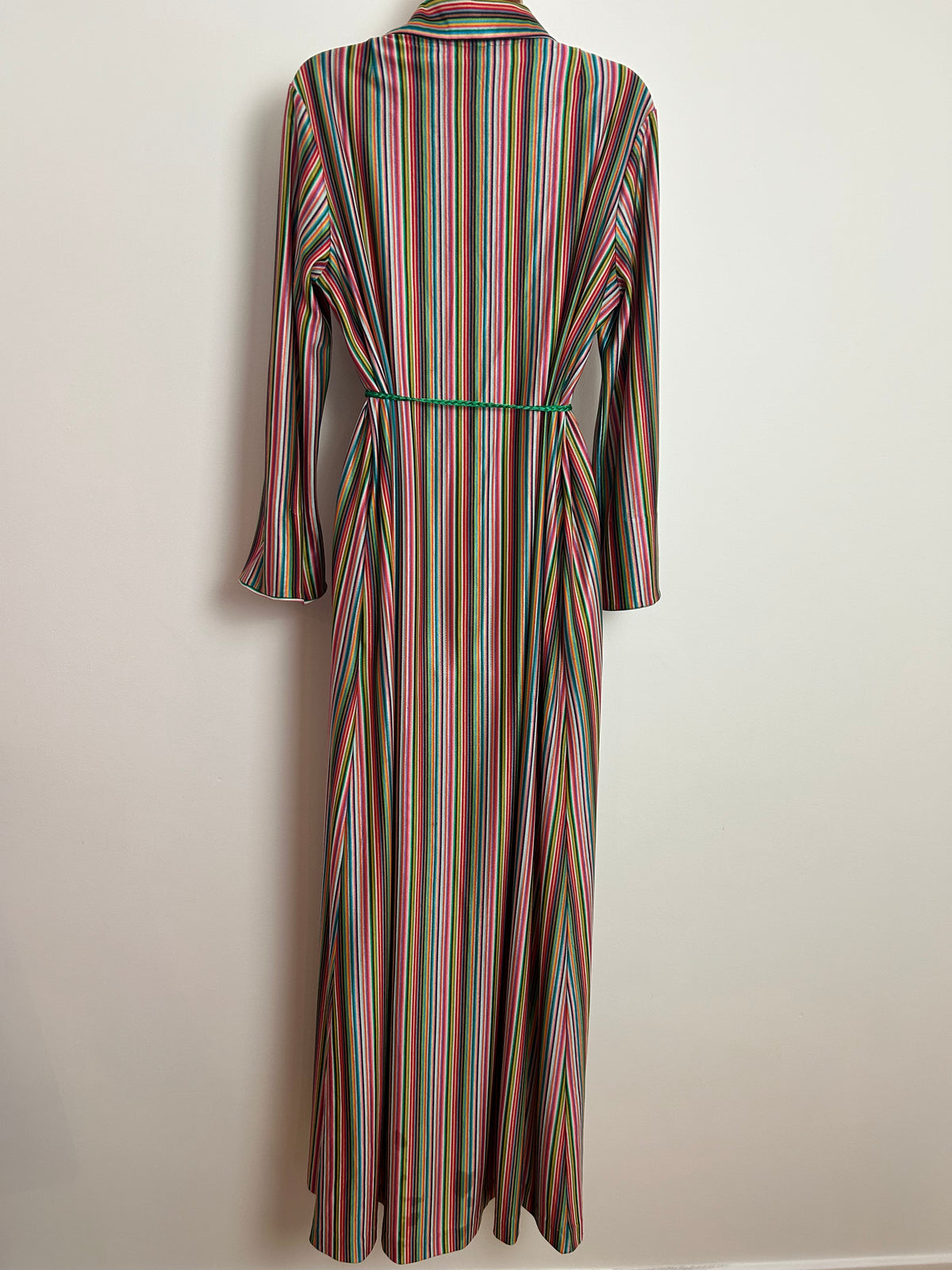 Vintage 1970s Up To Size 16 ST MICHAEL Green Pink Red Yellow Stripe Print Dagger Collar Kaftan Maxi Dress