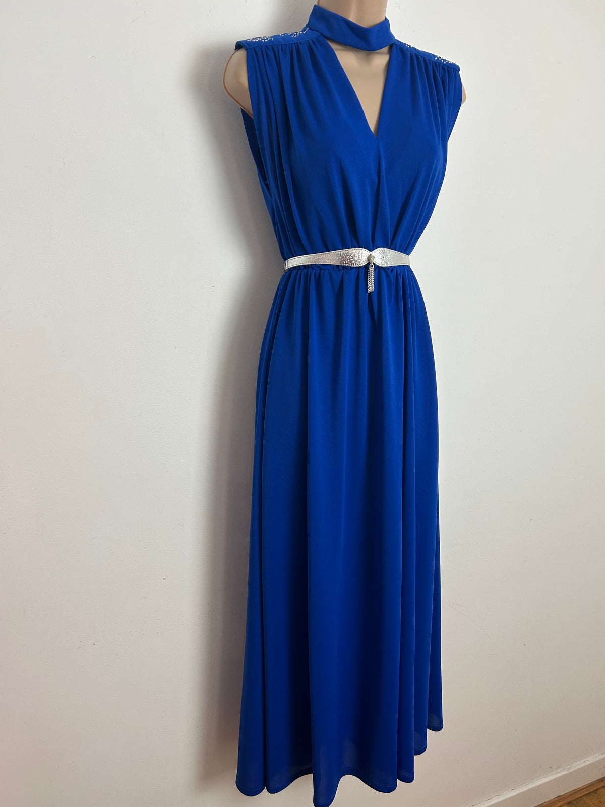 Vintage THE HOUSE OF SAINT NICHOLAS Size 8-10 Royal Blue Rhinestone Detail Belted Evening Maxi Dress