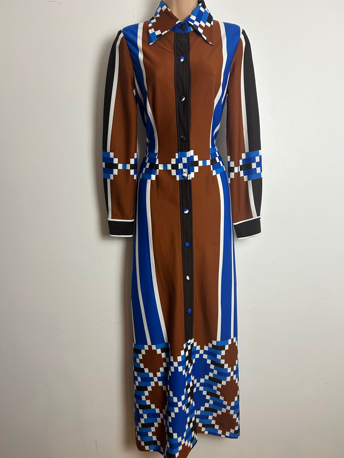 Vintage 1970s TRICOVILLE HANDFASHIONED Size 10 Brown Blue & White Stripe & Geo Print Long Sleeve Maxi Dress