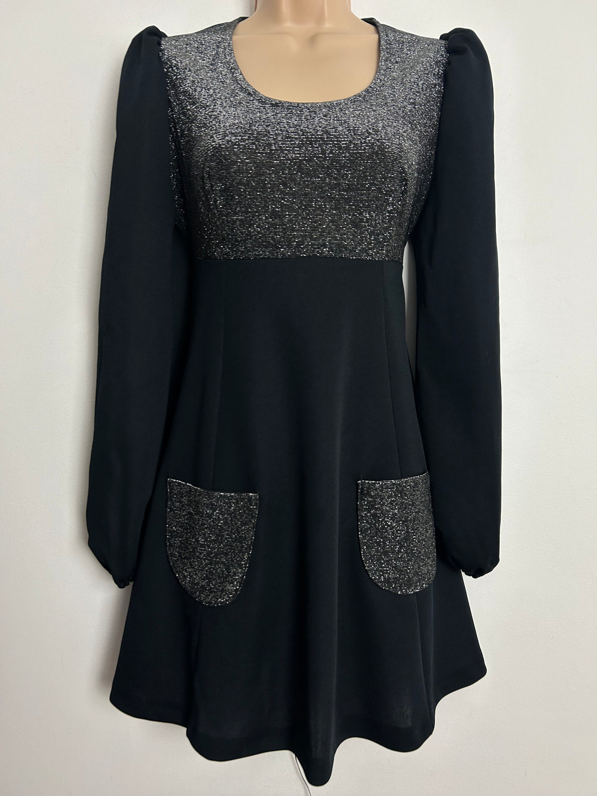 Vintage Early 1970s UK Size 10 Black & Silver Lurex Long Sleeve Pocket Detail Mini Dress