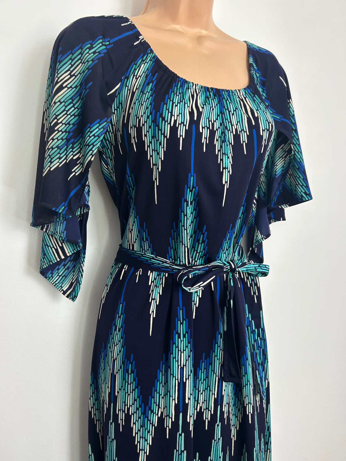 Vintage 1970s BILYTIS PARIS Size 8 Navy Turquoise & White Dash Stripe Print Mid Sleeve Maxi Dress