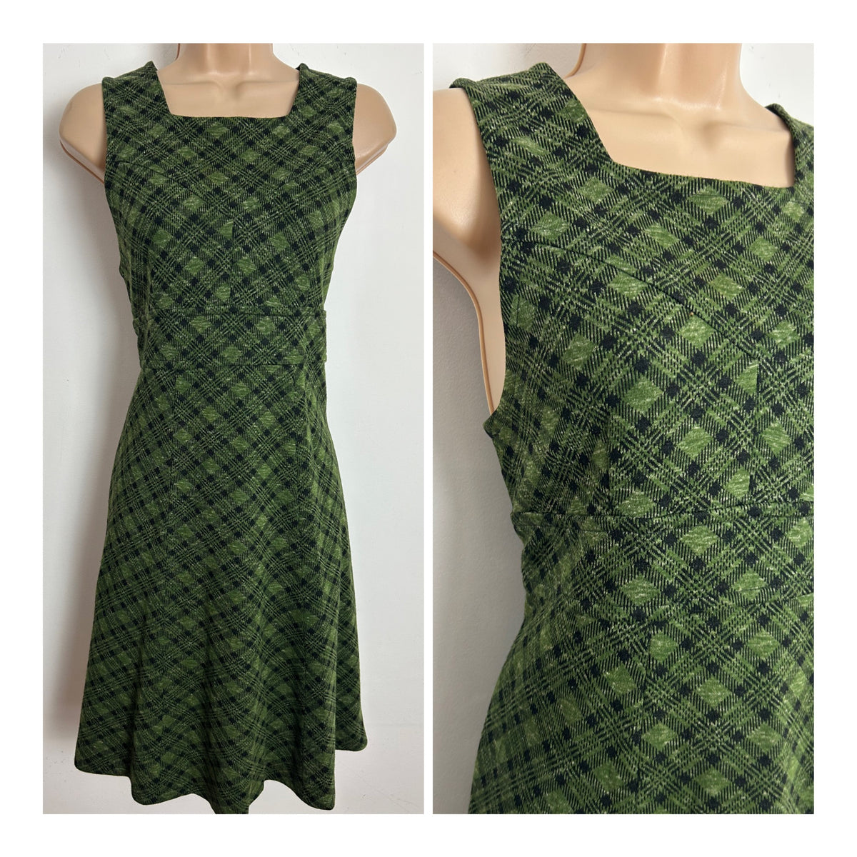 Vintage 1960s Size 10 Green & Black Tartan Check Jersey Mod Shift Dress