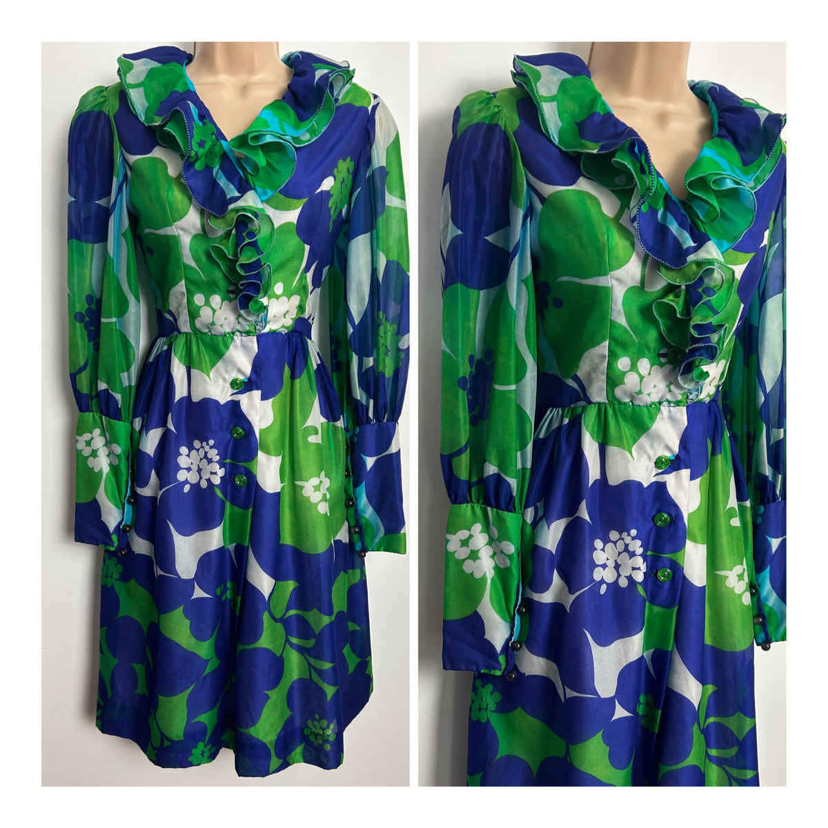 Vintage 1970s J.M. Martin Size 6 Beautiful Blue & Green Abstract Bold Floral Ruffle Trim Dress