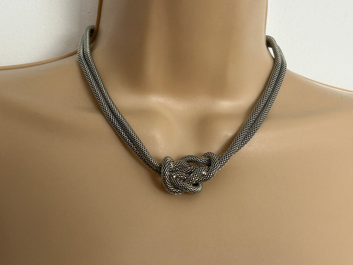 Vintage Silver Tone Mesh Metal Twist Knot Double Strand Necklace