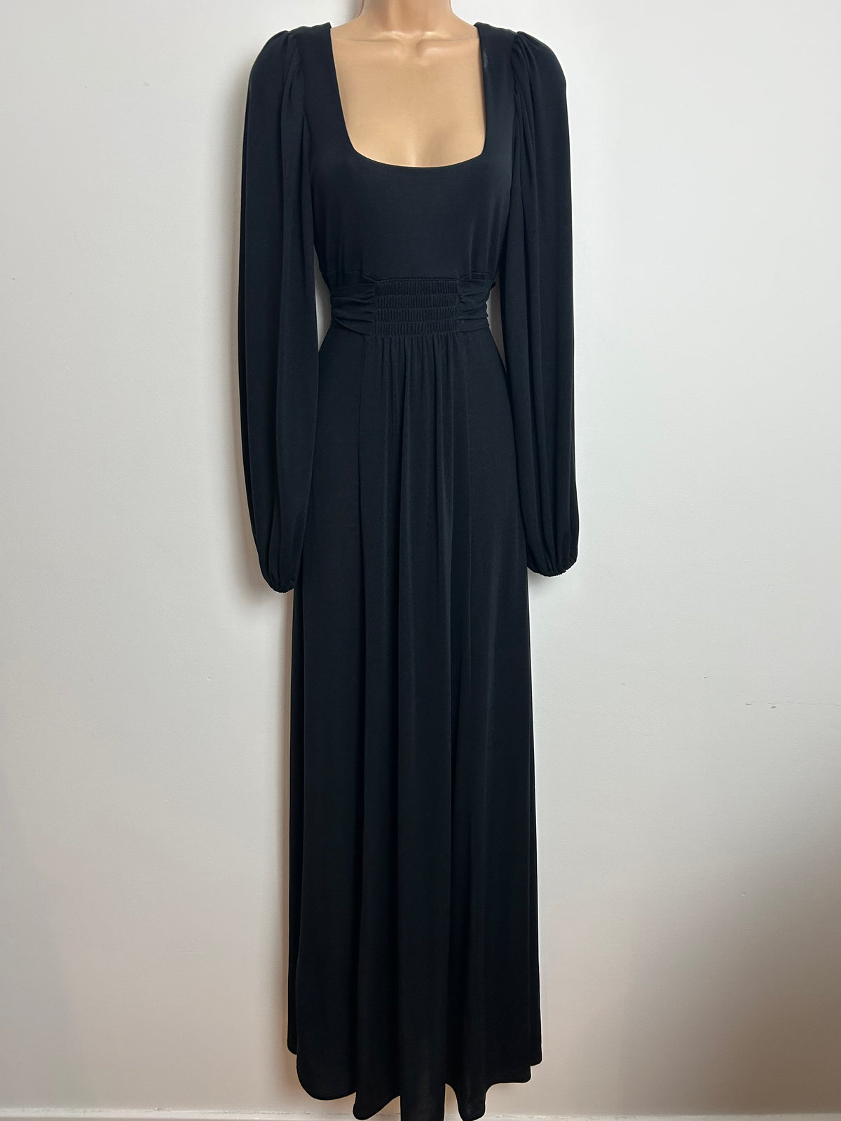 Vintage 1970s ZANIE Size 6 Black Long Sleeve Tie Back Empire Line Maxi Dress