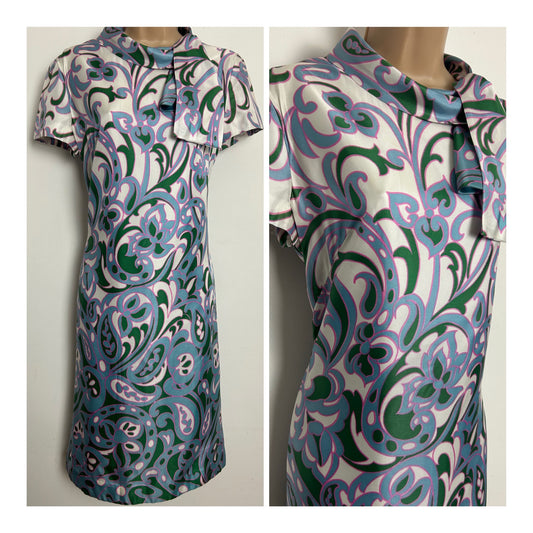 Vintage 1960s MONTIGO BAY Size 12 Blue Green White & Pink Abstract Floral Print Tie Neck Shift Dress